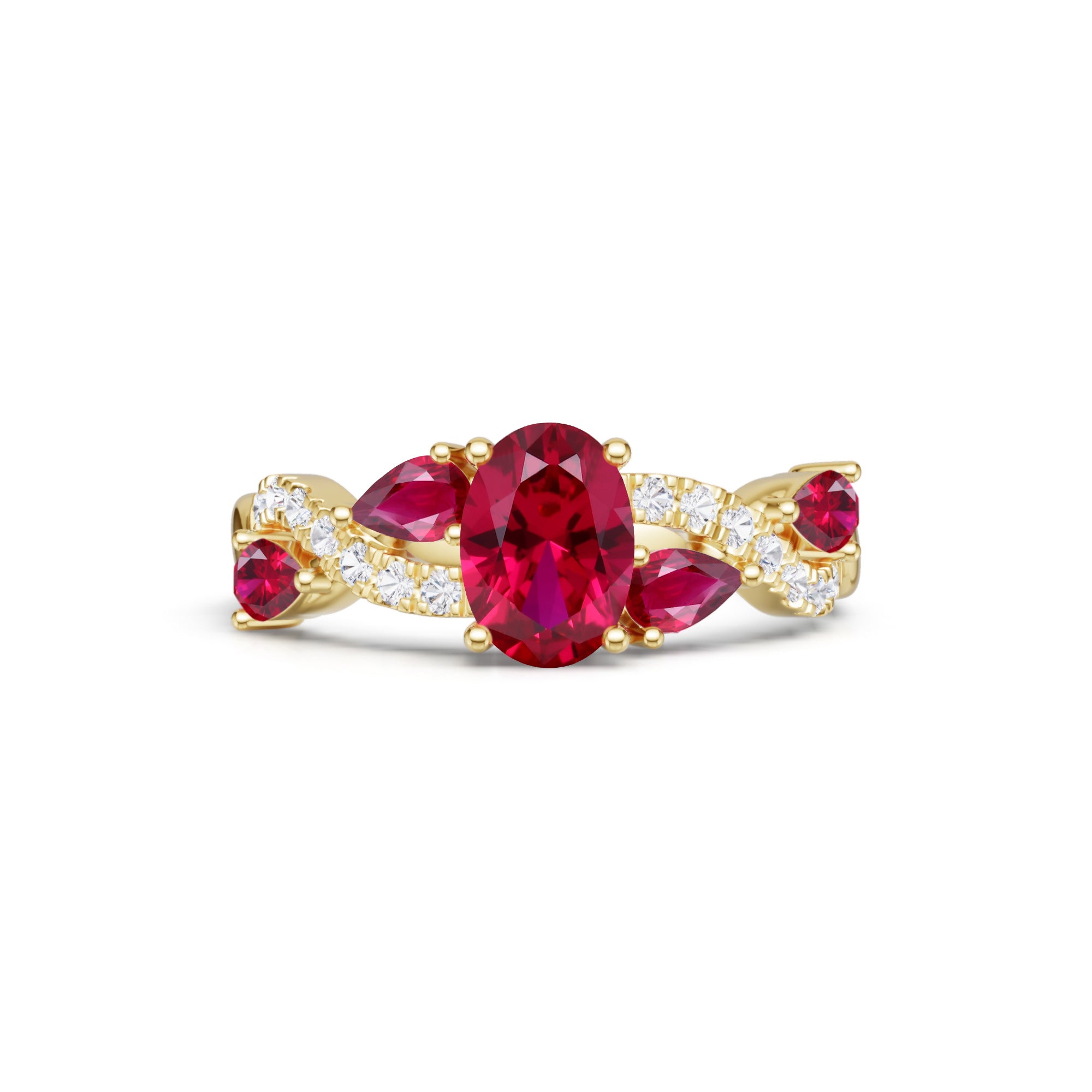 Oval Cut Ruby Pave Engagement Ring With Unique Twisted Shank