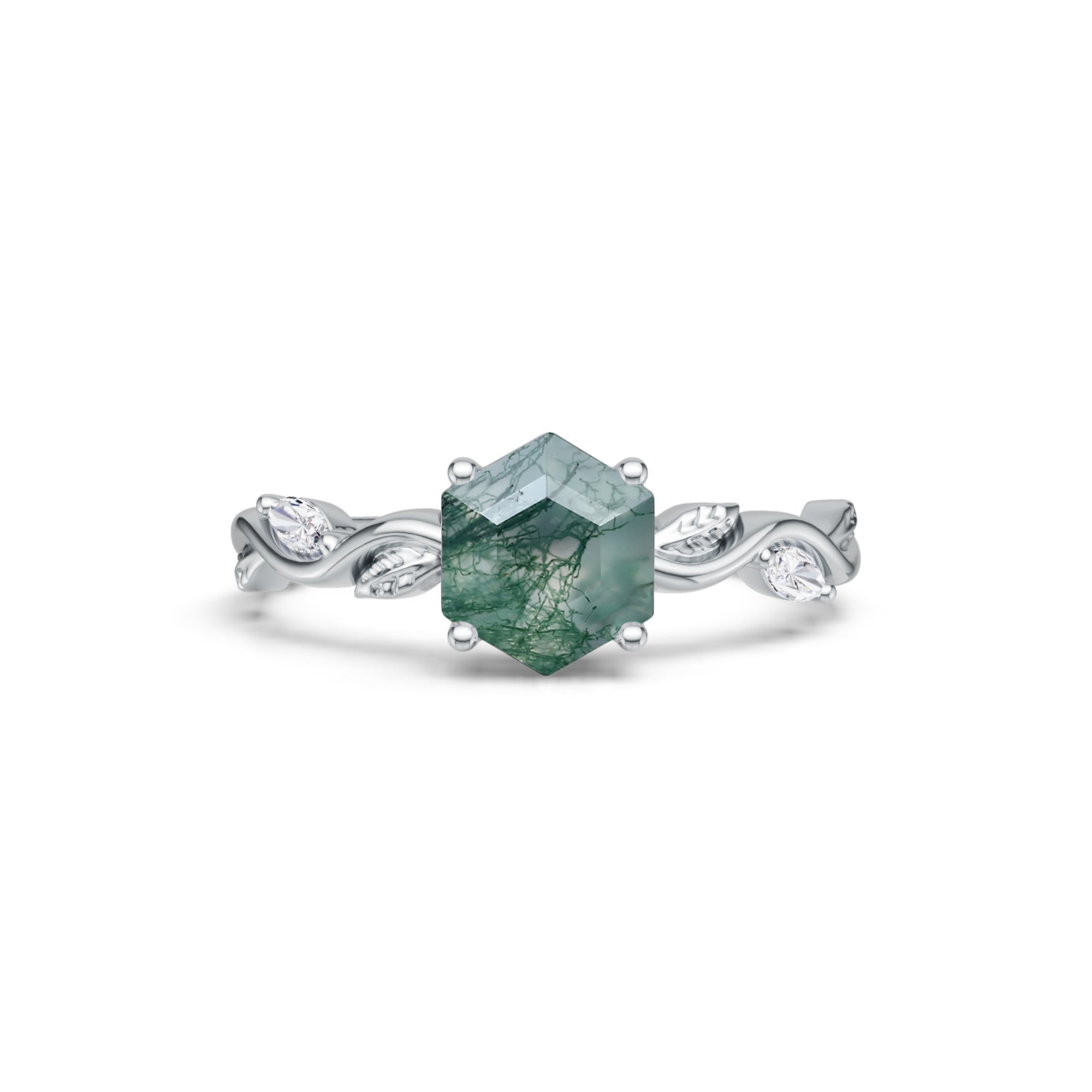 Hexagon Cut Moss Agate Nature Inspired Promise Ring