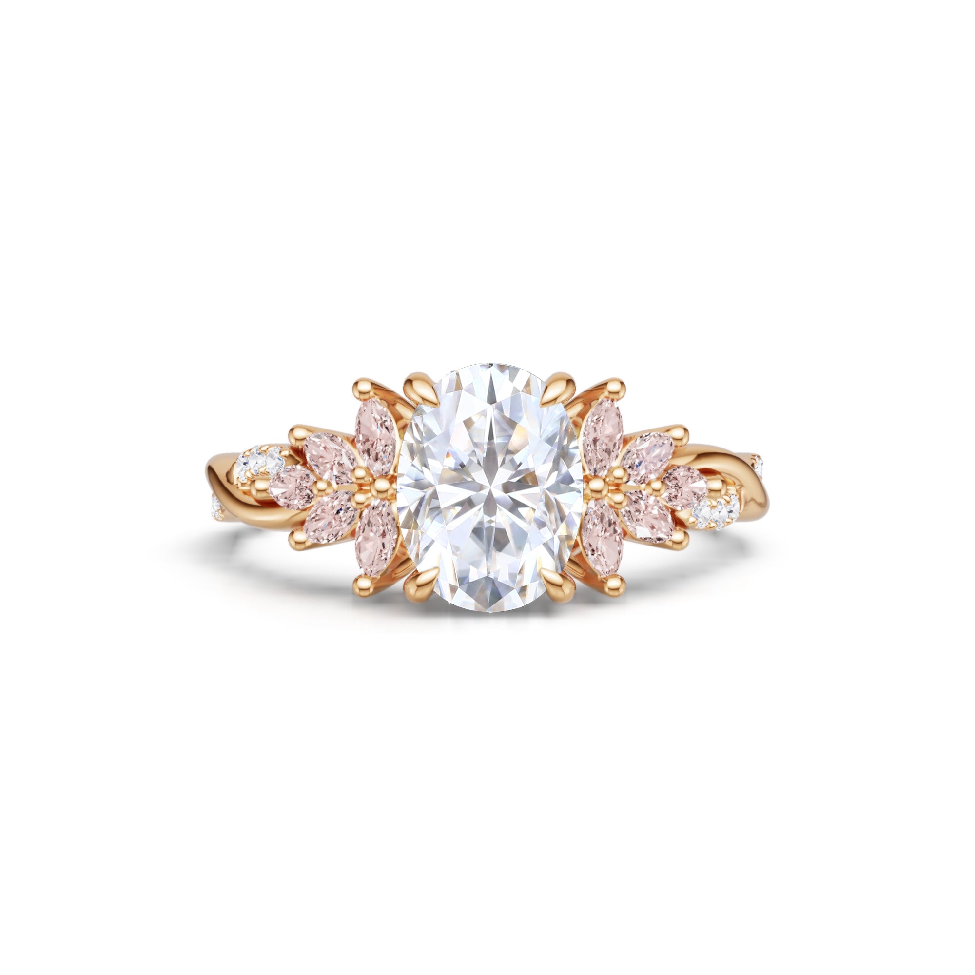 Oval Cut Moissanite Engagement Ring With Unique Crossover Shank and Morganite Petal Cluster