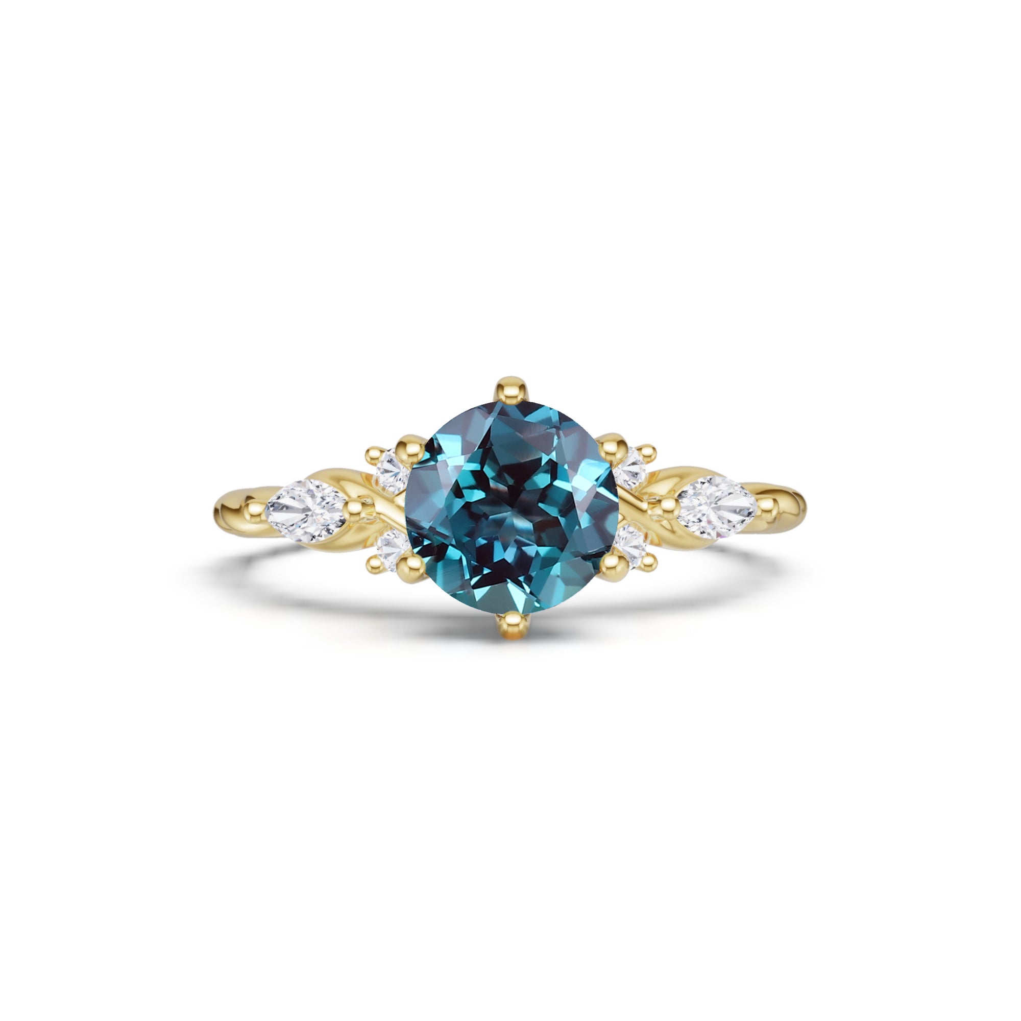 Round Cut Lab Alexandrite with Moissanite Side Stones Engagement Ring