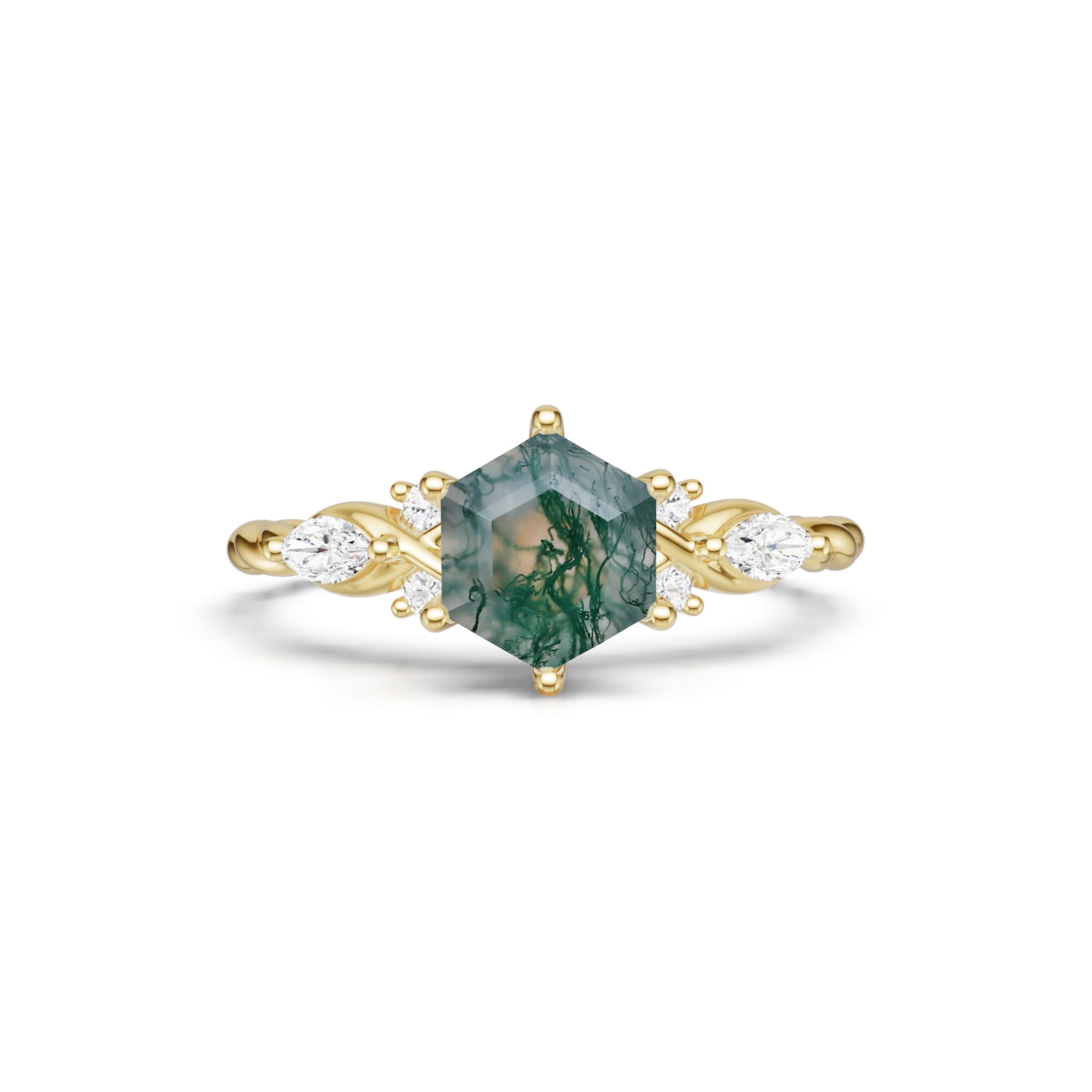 Hexagon Cut Moss Agate Engagement Ring With Moissanite Accents