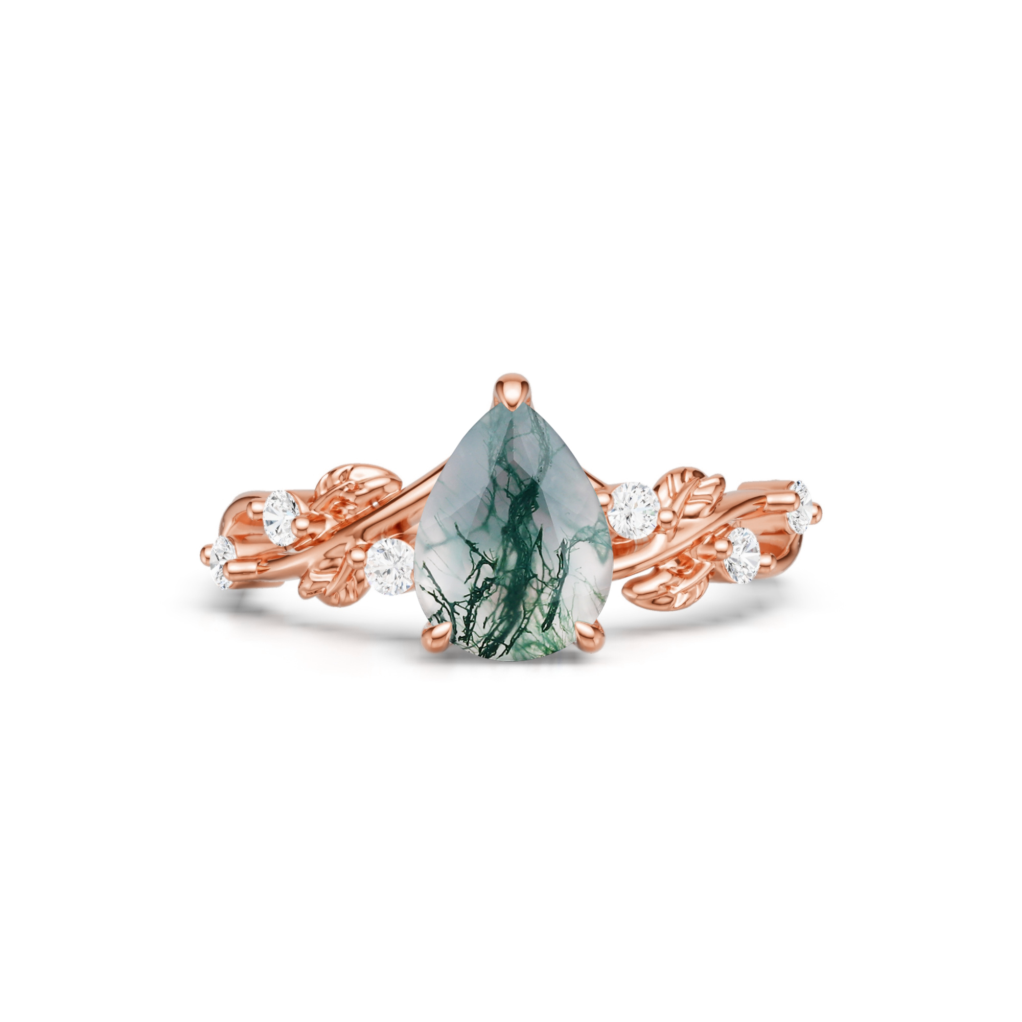 Pear Cut Moss Agate Engagement Ring Leaf Promise Ring