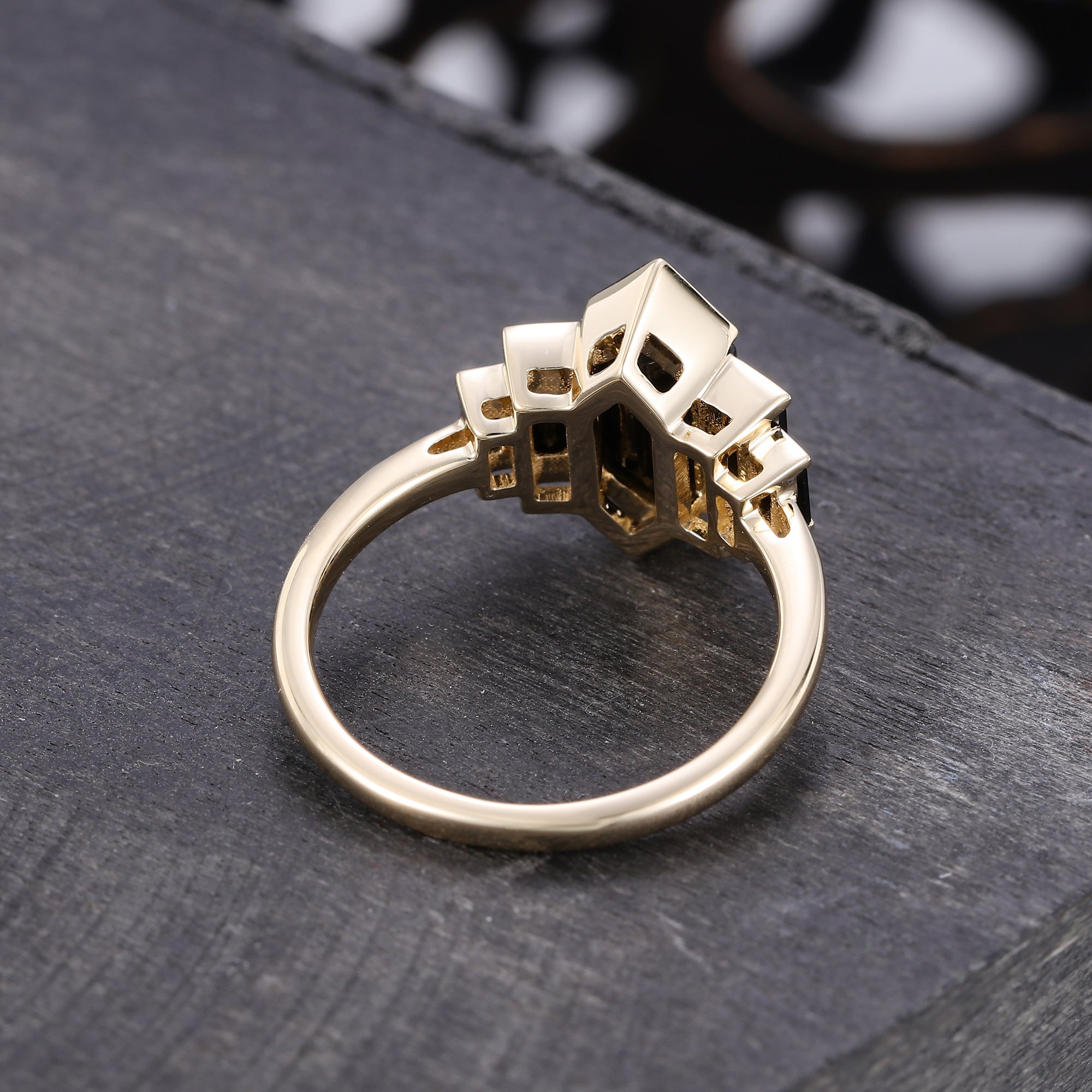 Elongated Hexagon Cut Black Onyx Promise Ring Art Deco EngagementRing
