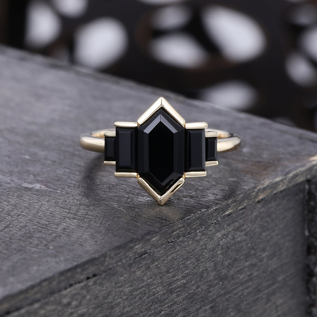 Elongated Hexagon Cut Black Onyx Promise Ring Art Deco EngagementRing