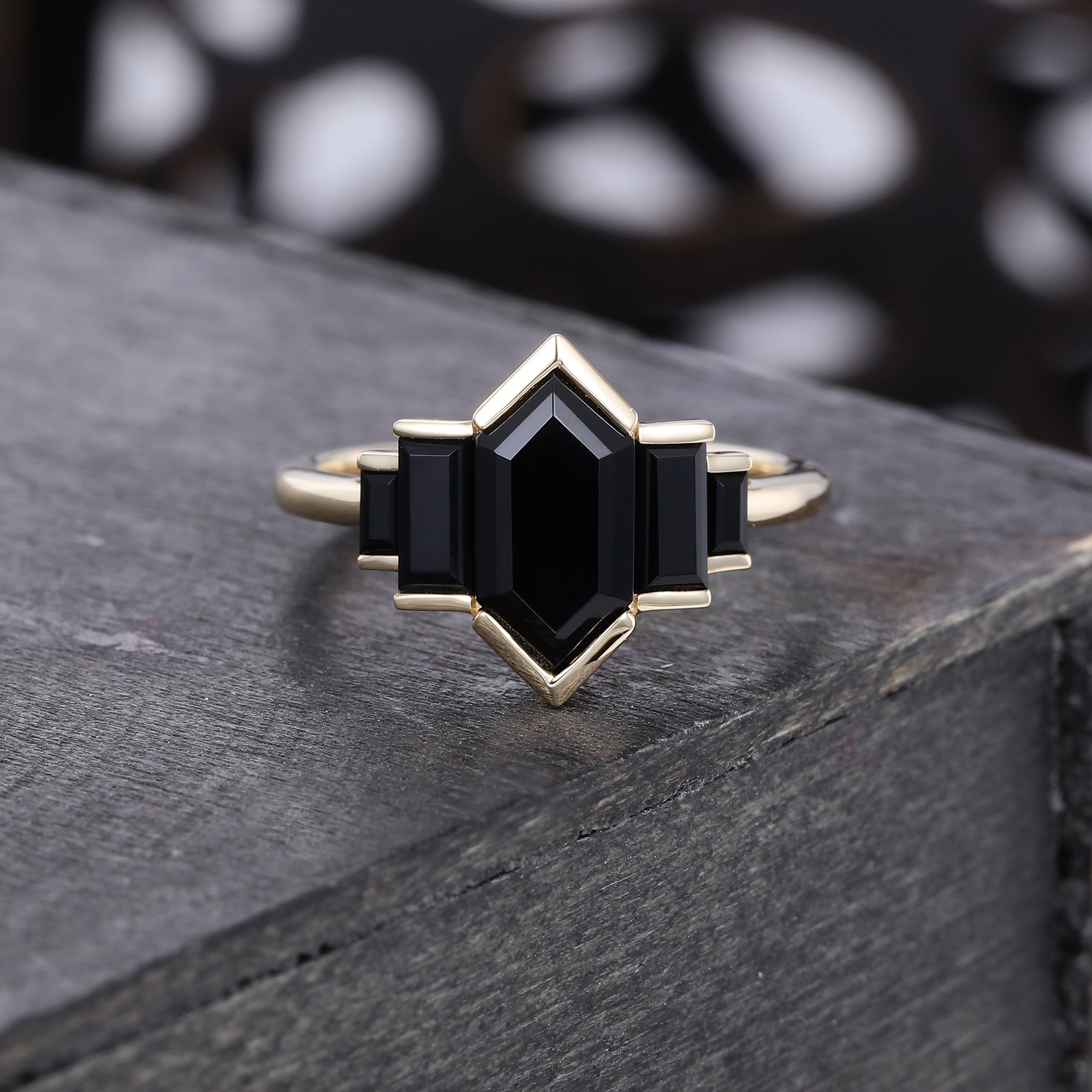 Elongated Hexagon Cut Black Onyx Promise Ring Art Deco EngagementRing
