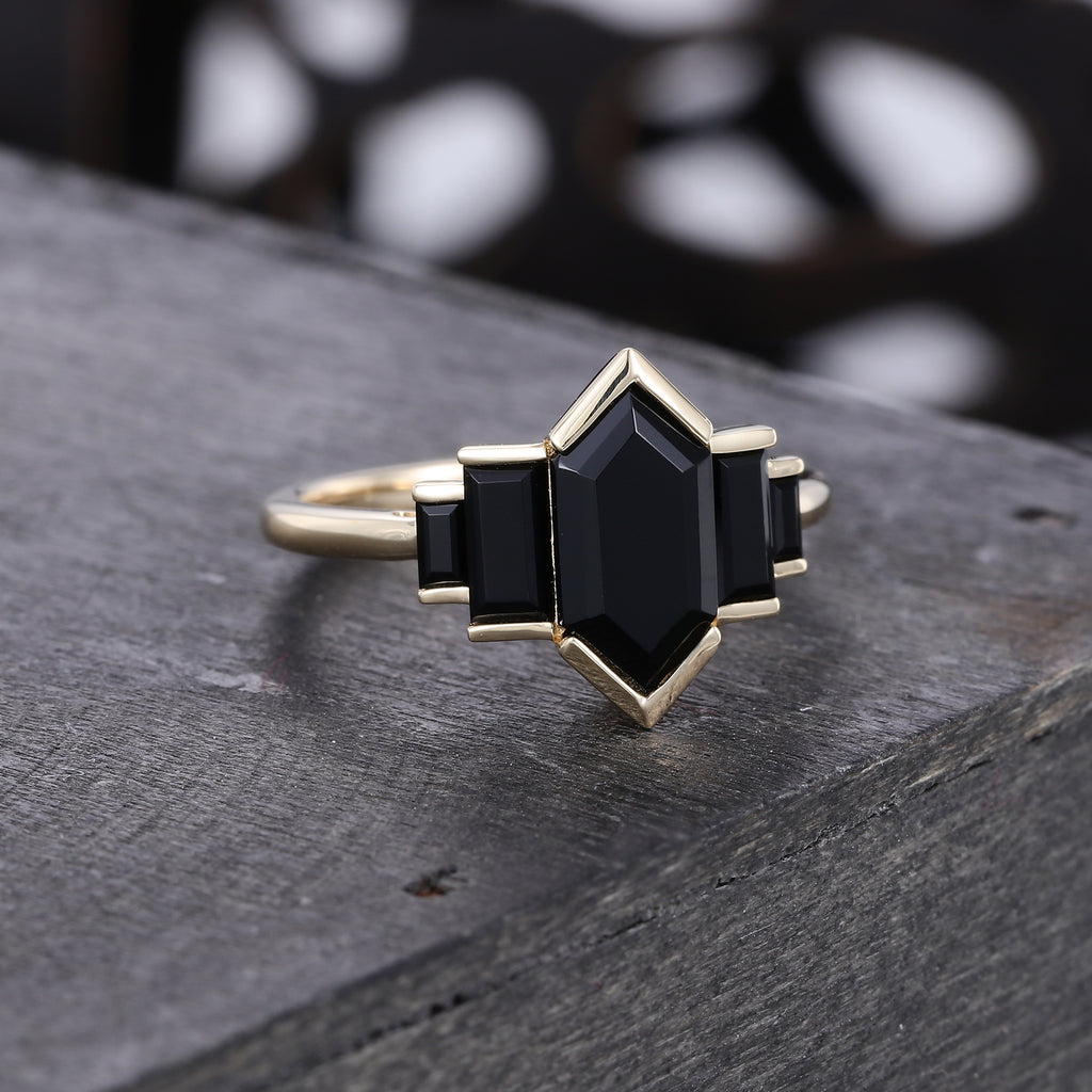 Elongated Hexagon Cut Black Onyx Promise Ring Art Deco EngagementRing