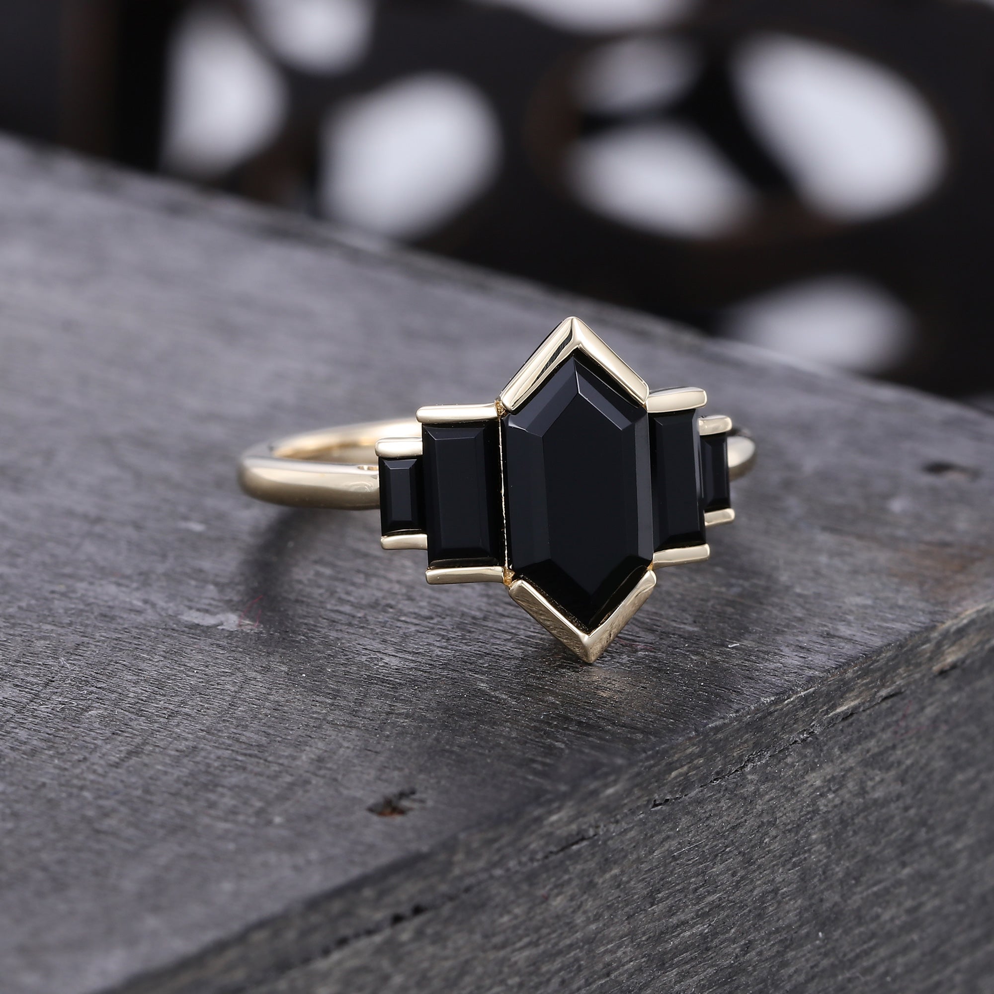 Elongated Hexagon Cut Black Onyx Promise Ring Art Deco EngagementRing
