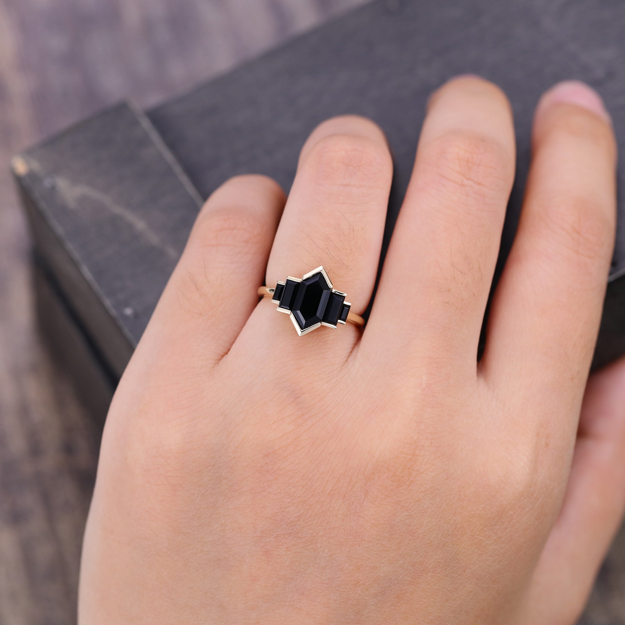 Elongated Hexagon Cut Black Onyx Promise Ring Art Deco EngagementRing