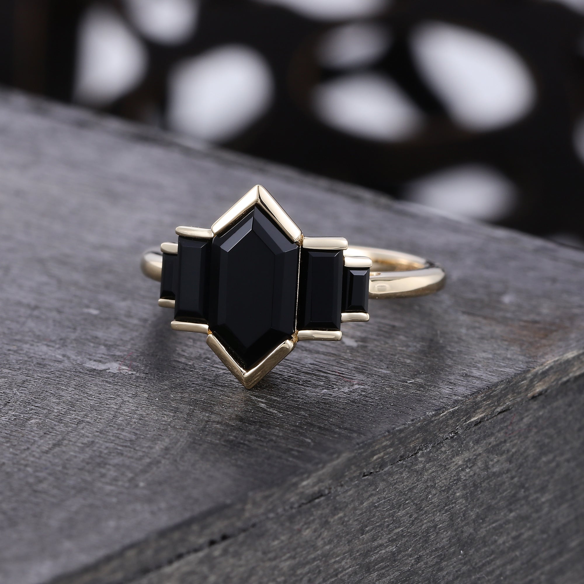 Elongated Hexagon Cut Black Onyx Promise Ring Art Deco EngagementRing