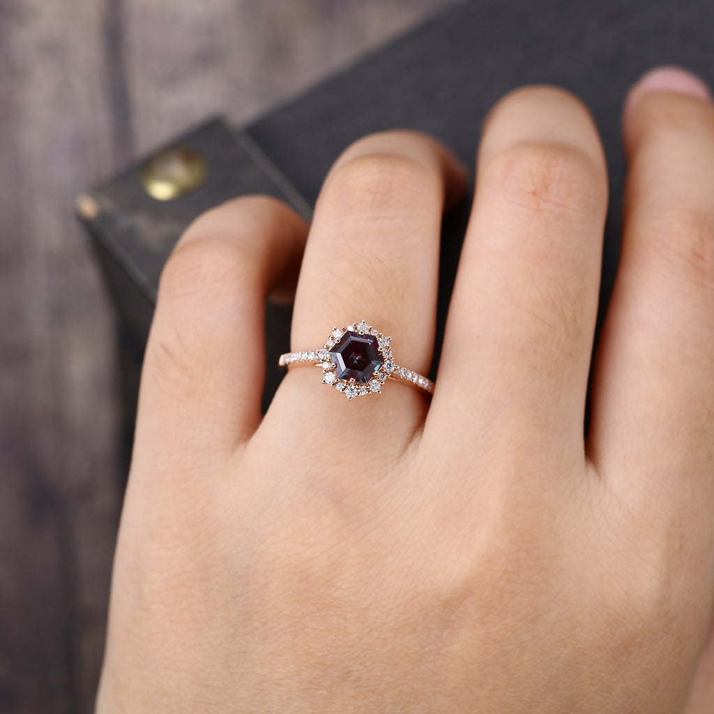 Hexagon Alexandrite Halo Engagement Ring Pavé Bridal Ring