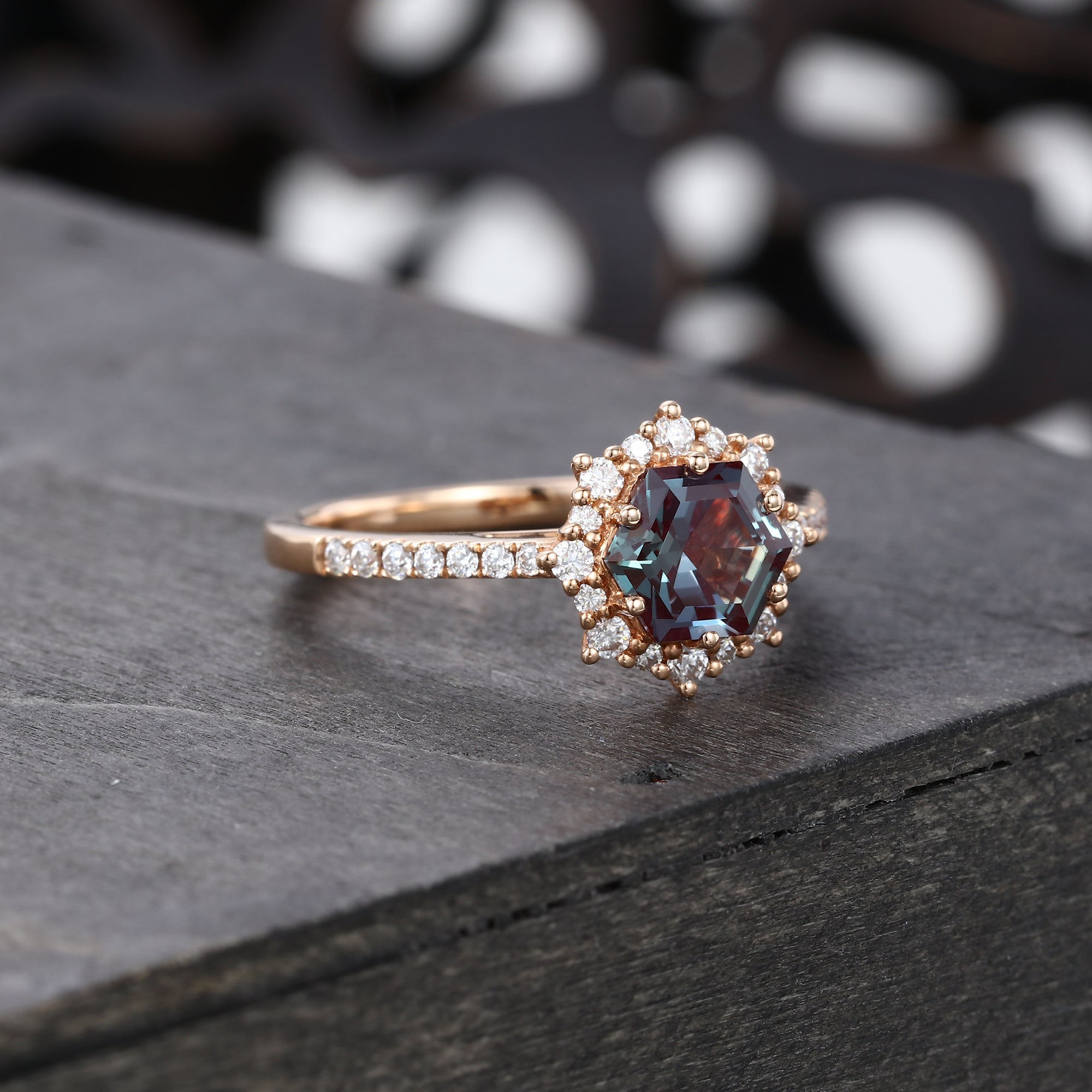 Hexagon Alexandrite Halo Engagement Ring Pavé Bridal Ring