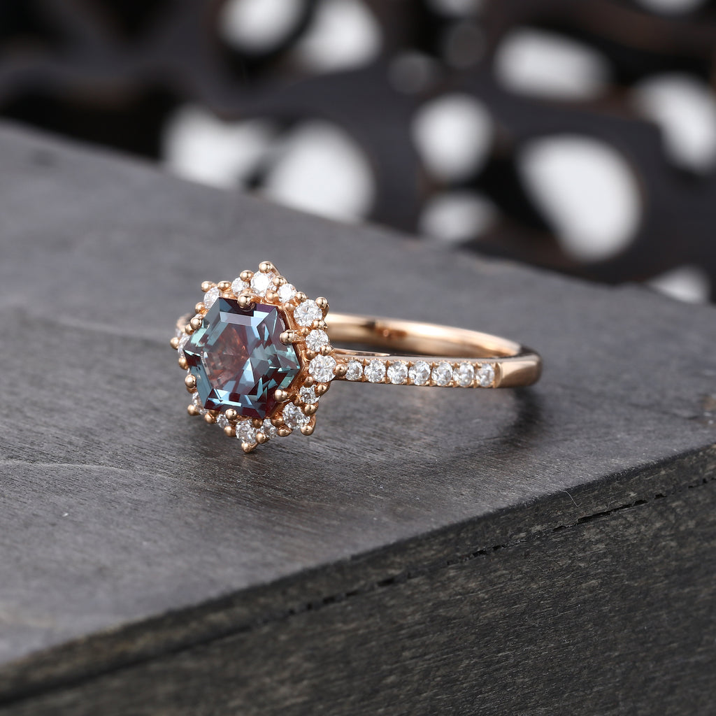 Hexagon Alexandrite Halo Engagement Ring Pavé Bridal Ring