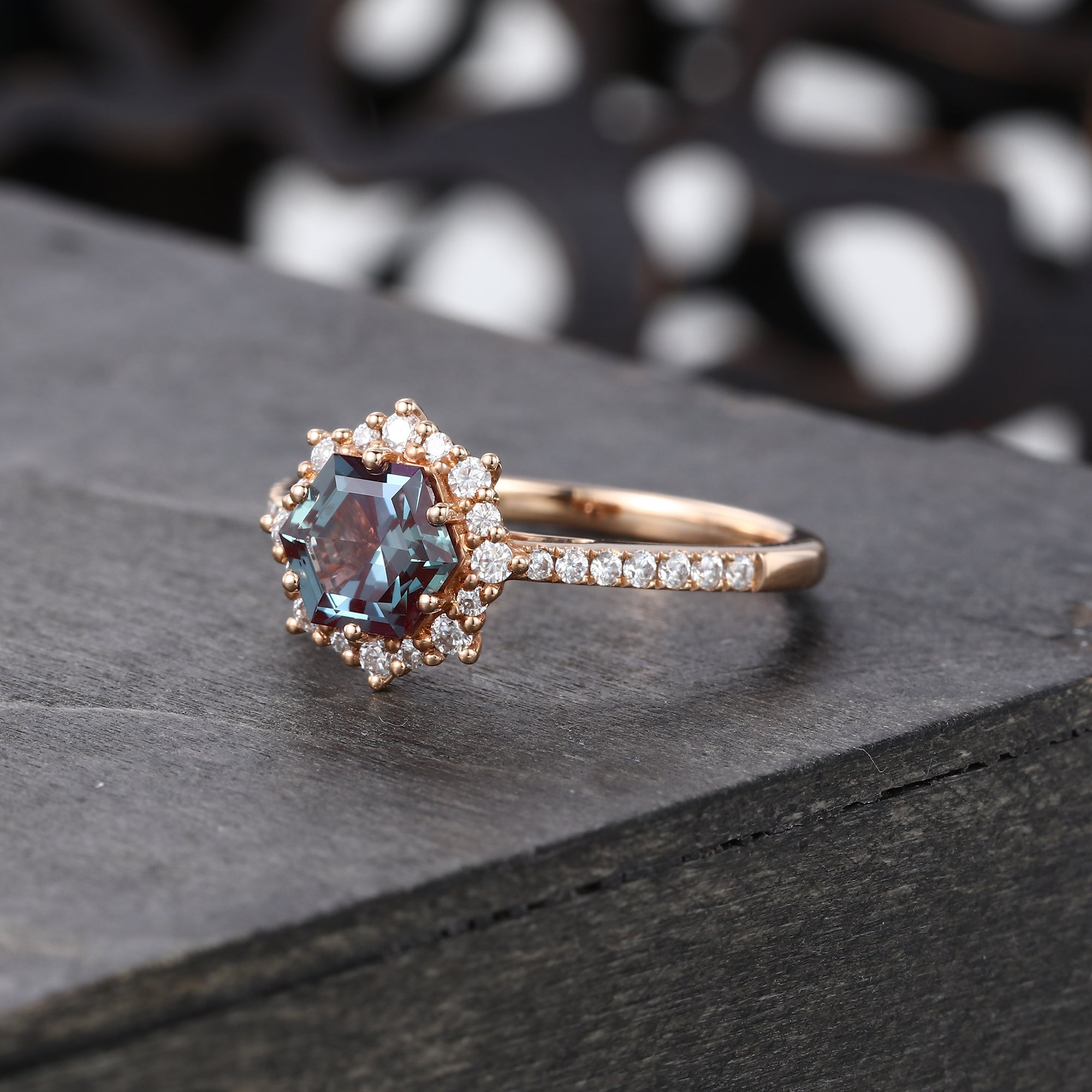 Hexagon Alexandrite Halo Engagement Ring Pavé Bridal Ring
