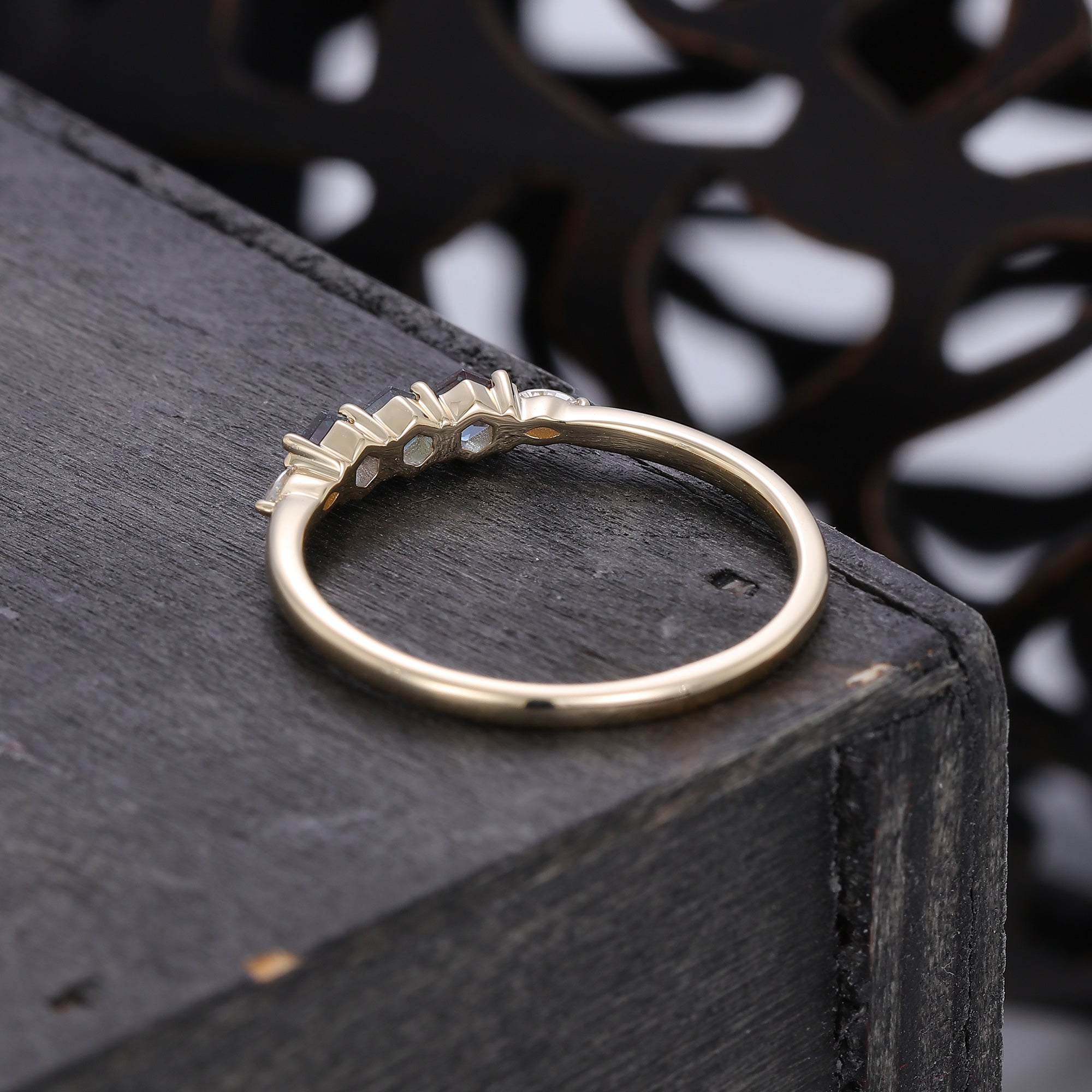 Hexagon Cut Alexandrite Wedding Band With Moissanite Accent