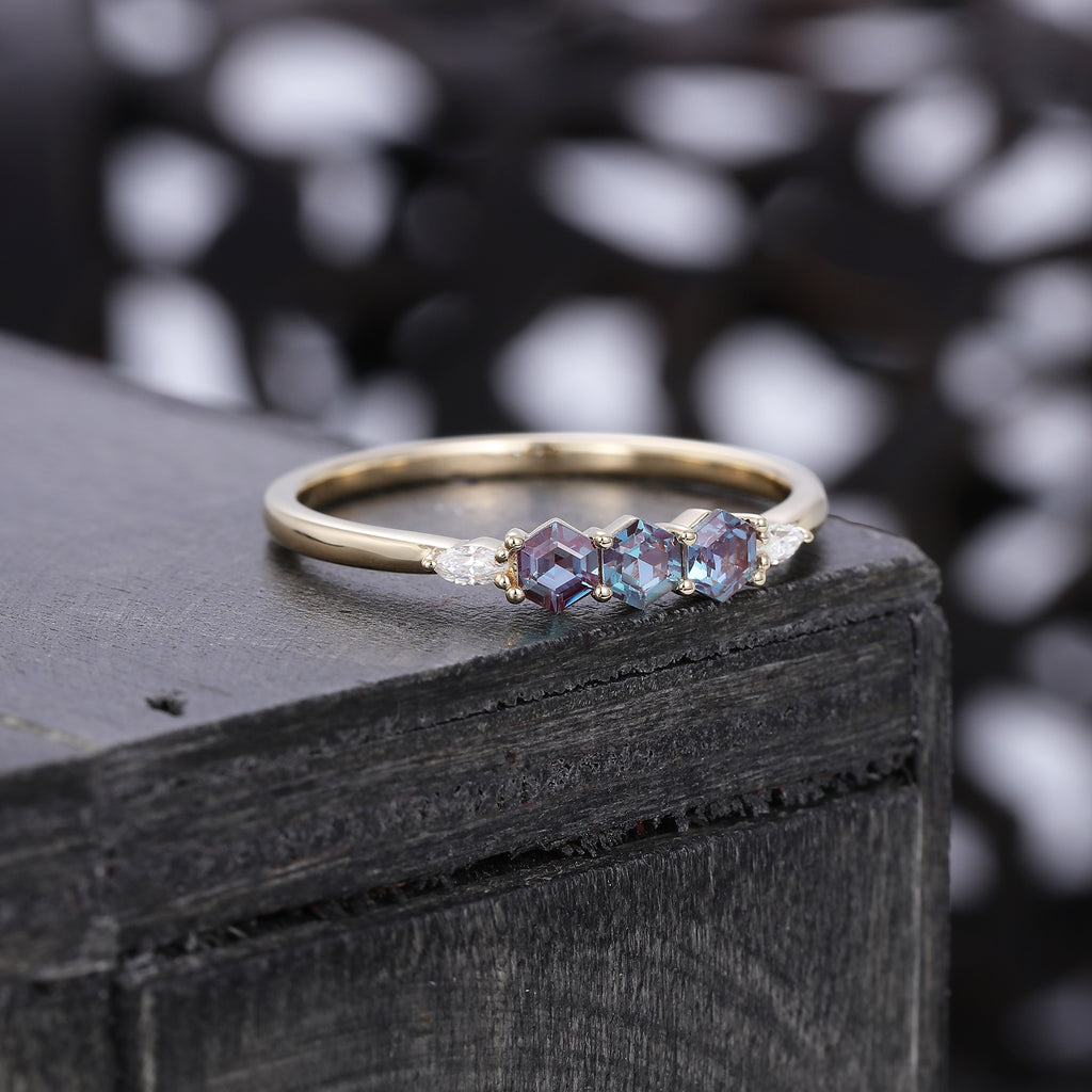 Hexagon Cut Alexandrite Wedding Band With Moissanite Accent