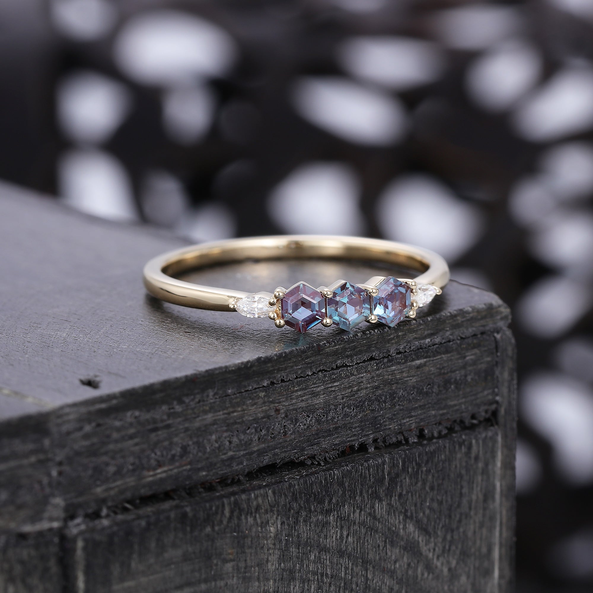 Hexagon Cut Alexandrite Wedding Band With Moissanite Accent