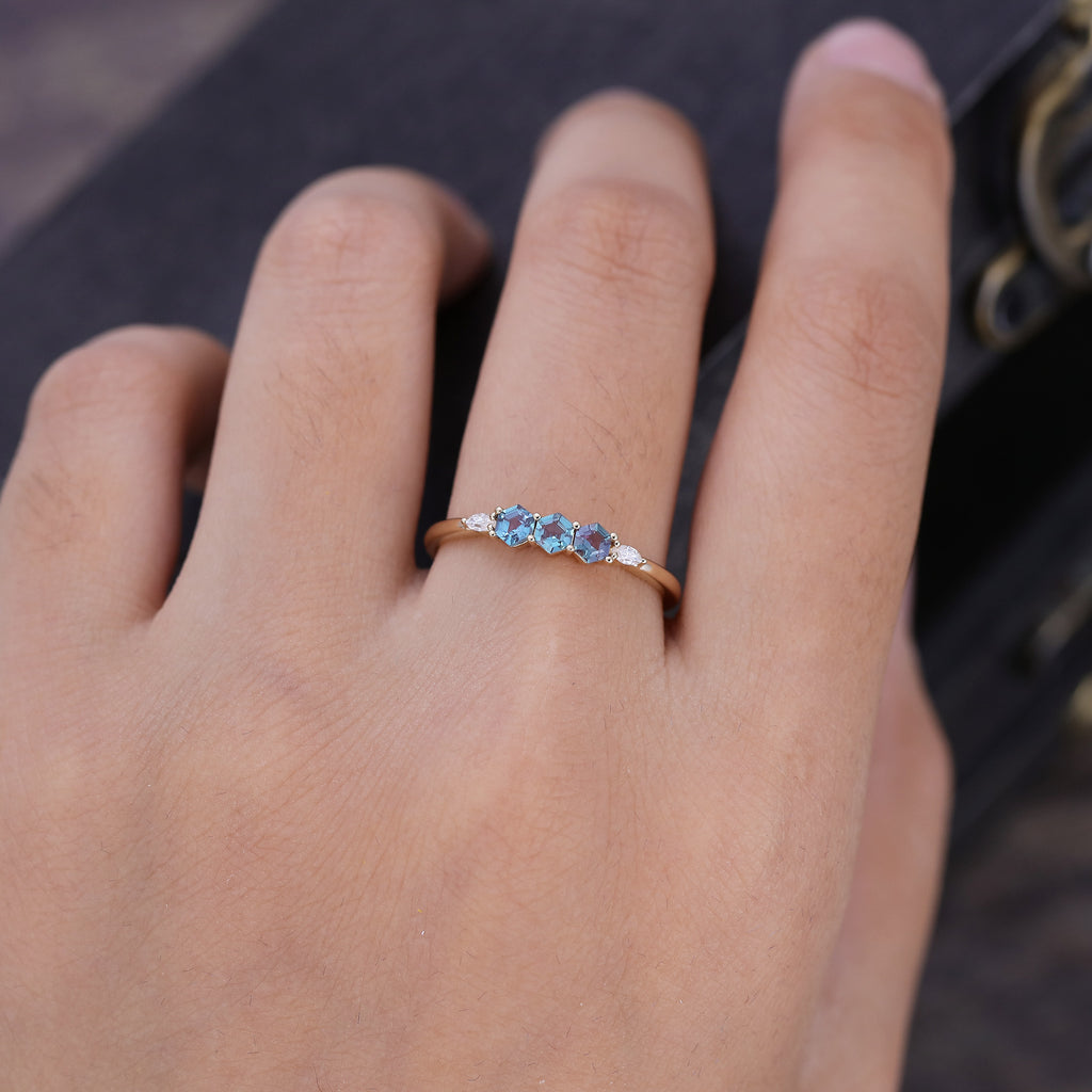 Hexagon Cut Alexandrite Wedding Band With Moissanite Accent