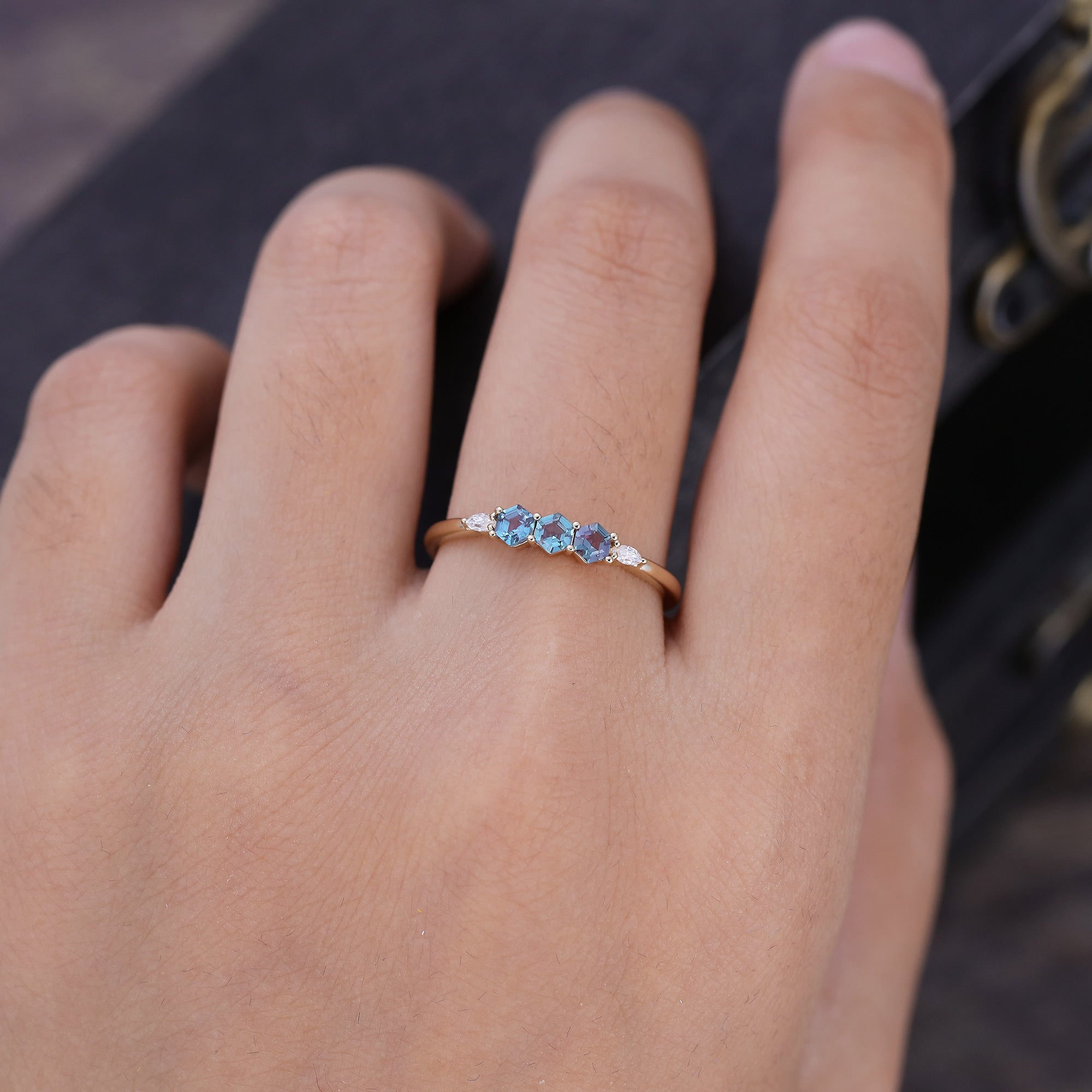 Hexagon Cut Alexandrite Wedding Band With Moissanite Accent