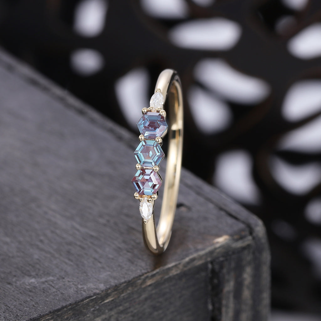 Hexagon Cut Alexandrite Wedding Band With Moissanite Accent