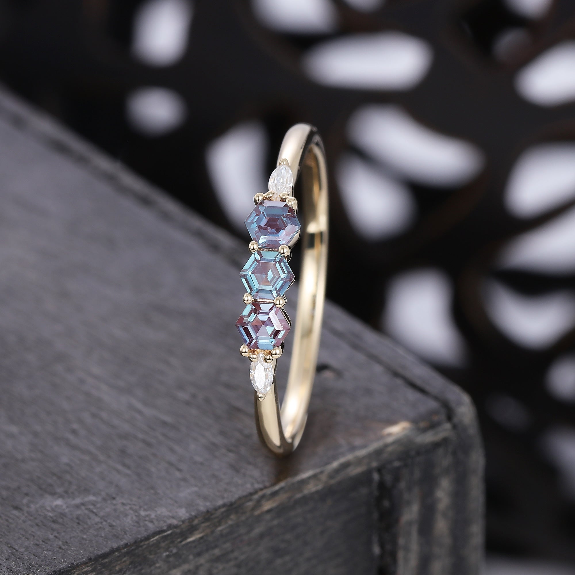 Hexagon Cut Alexandrite Wedding Band With Moissanite Accent