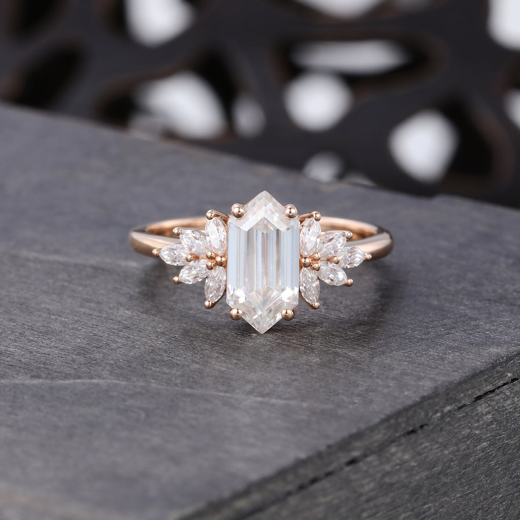 Hexagon Cut Moissanite Engagement Ring Cluster Bridal Ring