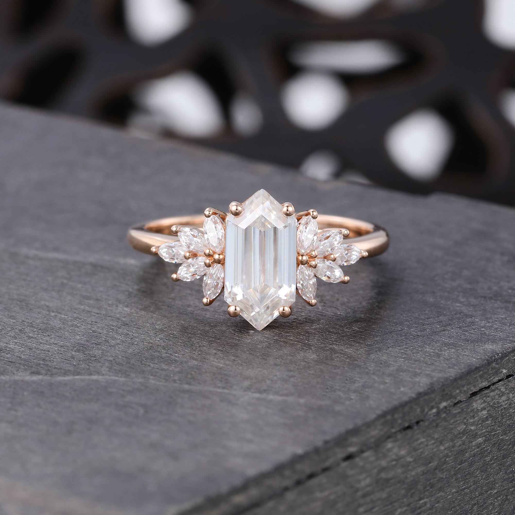 Hexagon Cut Moissanite Engagement Ring Cluster Bridal Ring