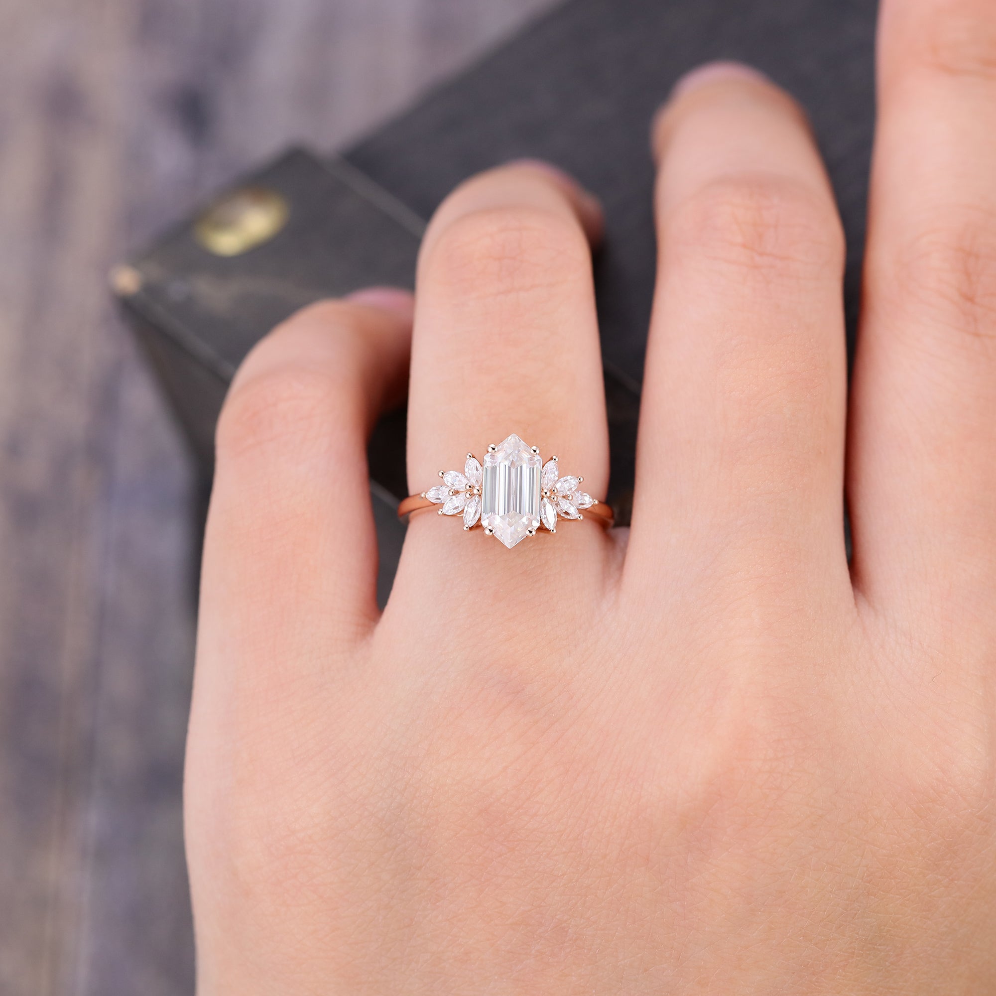 Hexagon Cut Moissanite Engagement Ring Cluster Bridal Ring