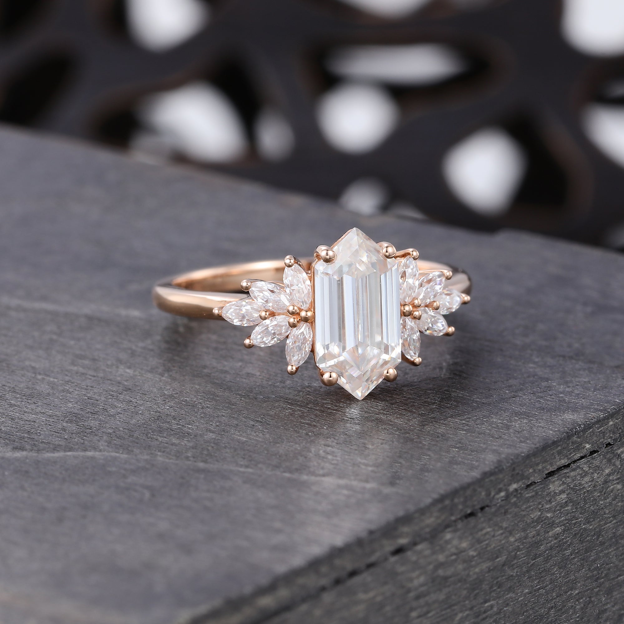 Hexagon Cut Moissanite Engagement Ring Cluster Bridal Ring