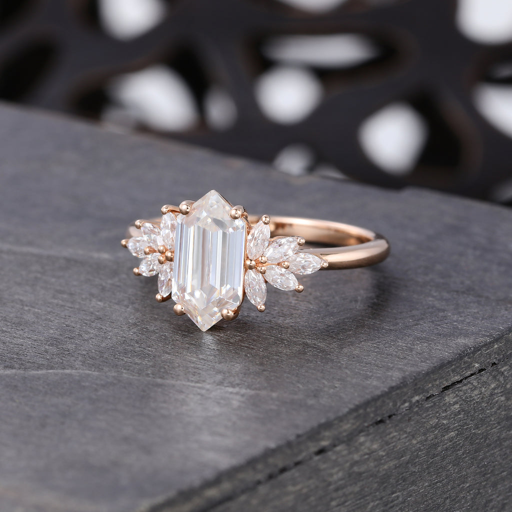 Hexagon Cut Moissanite Engagement Ring Cluster Bridal Ring