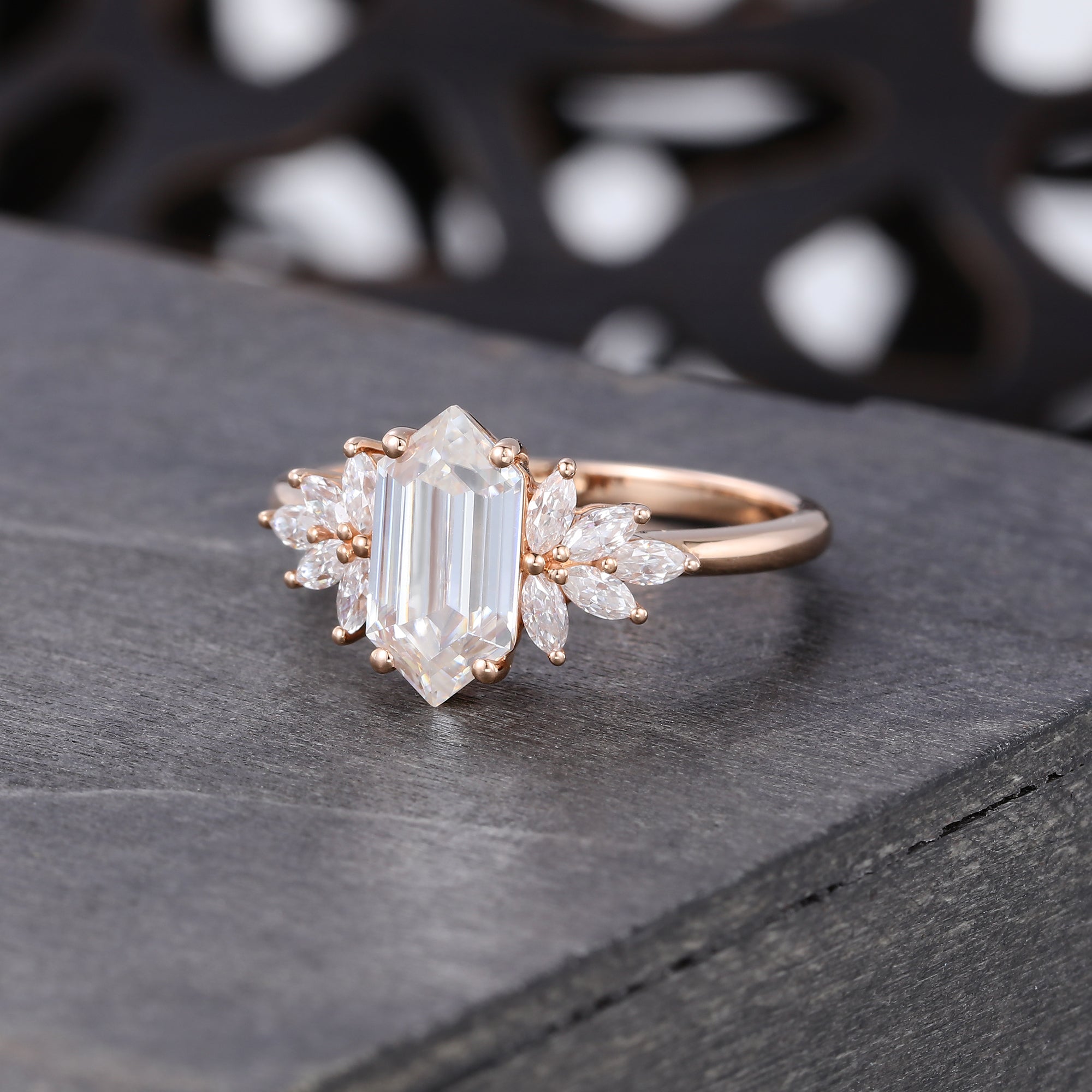 Hexagon Cut Moissanite Engagement Ring Cluster Bridal Ring