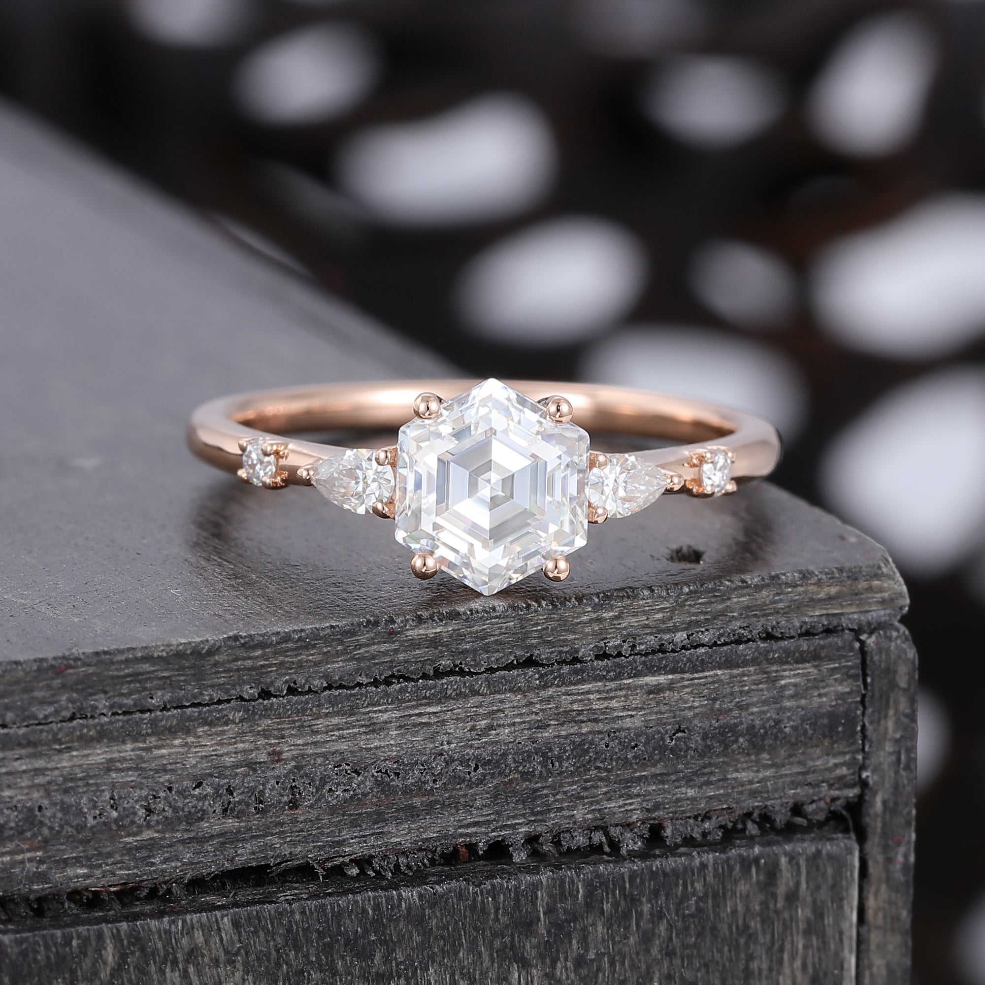 Hexagon Cut Moissanite Rose Gold  Engagement Ring