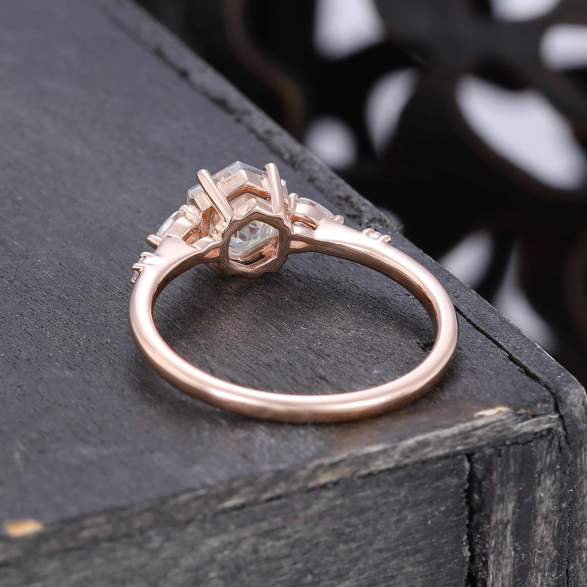 Hexagon Cut Moissanite Rose Gold  Engagement Ring