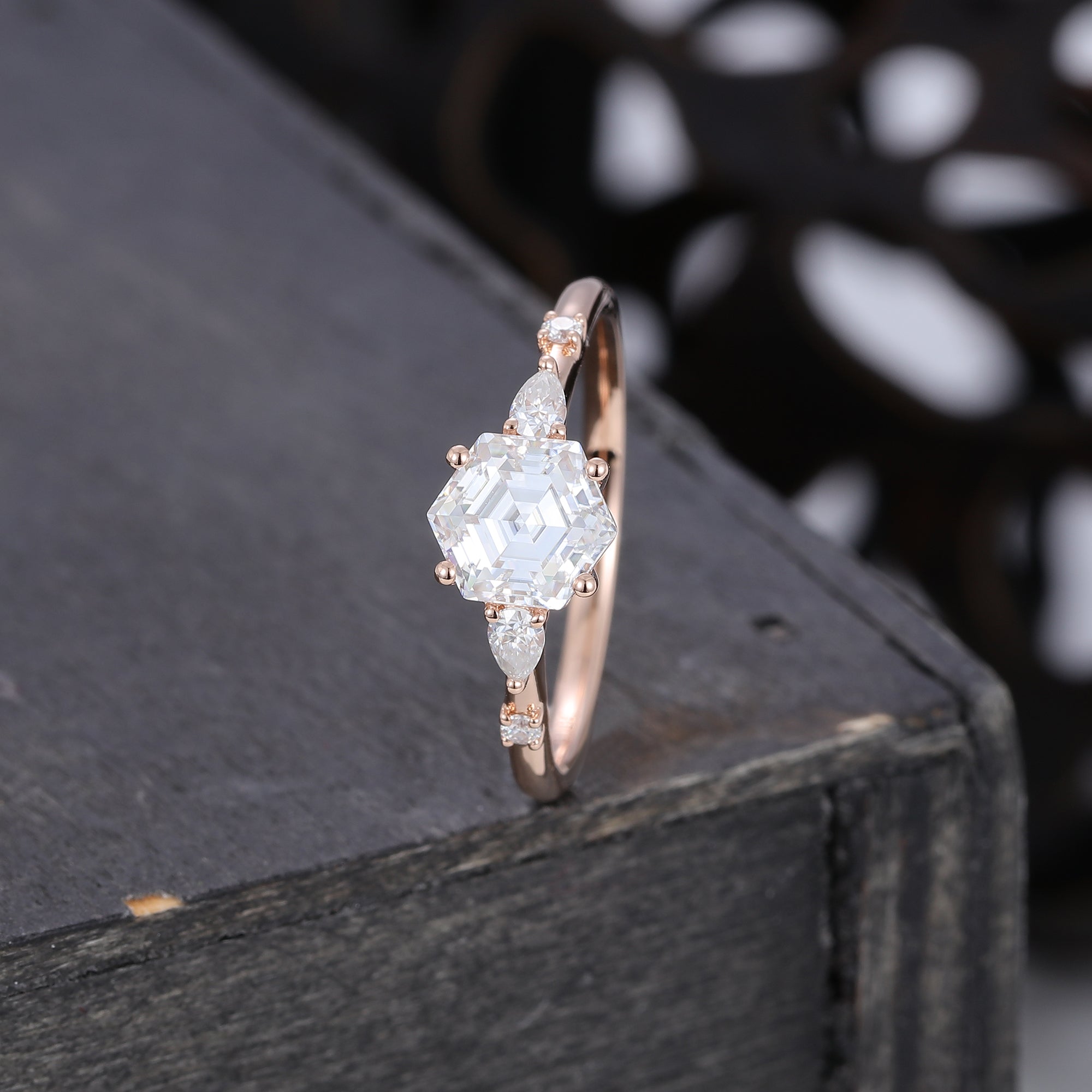 Hexagon Cut Moissanite Rose Gold  Engagement Ring