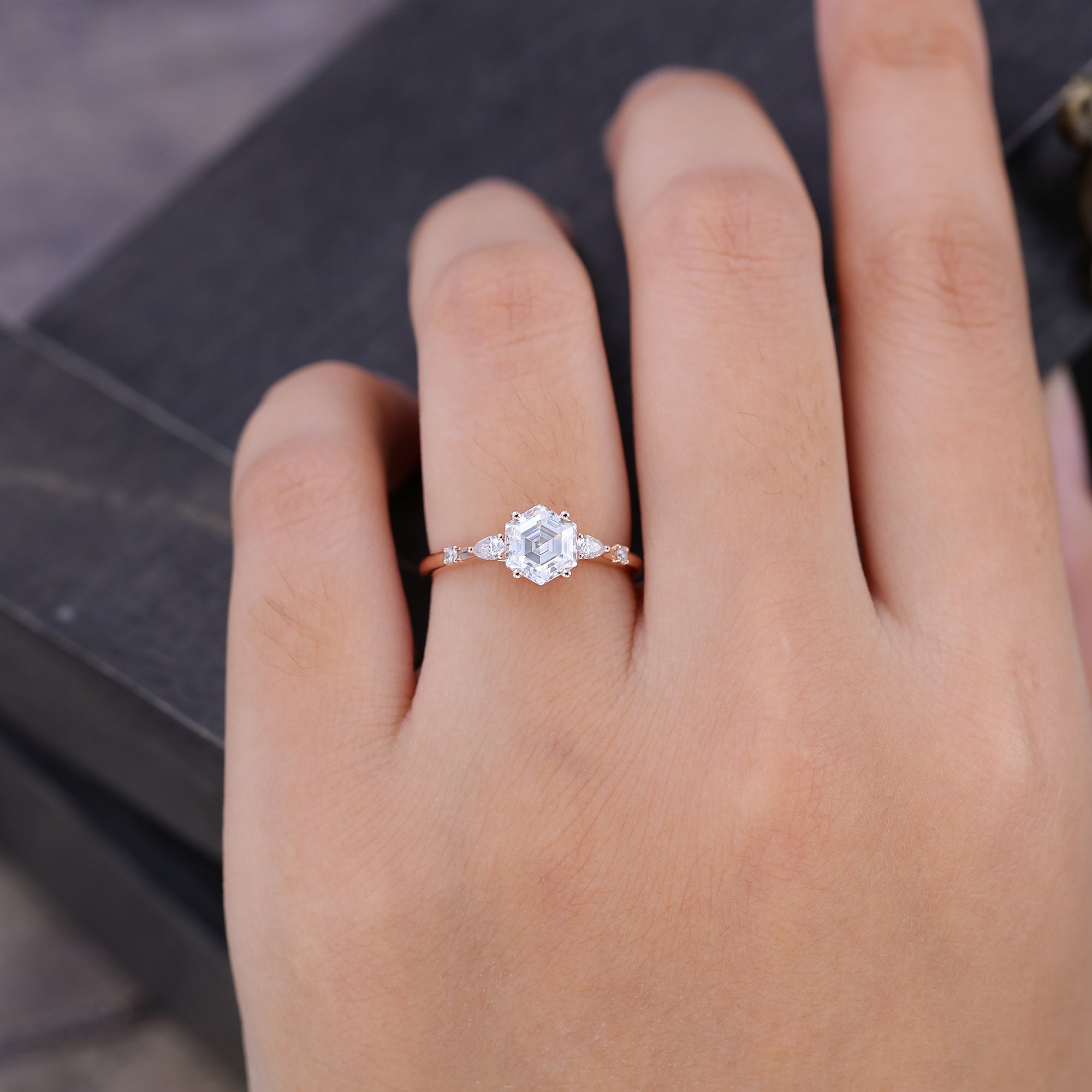 Hexagon Cut Moissanite Rose Gold  Engagement Ring