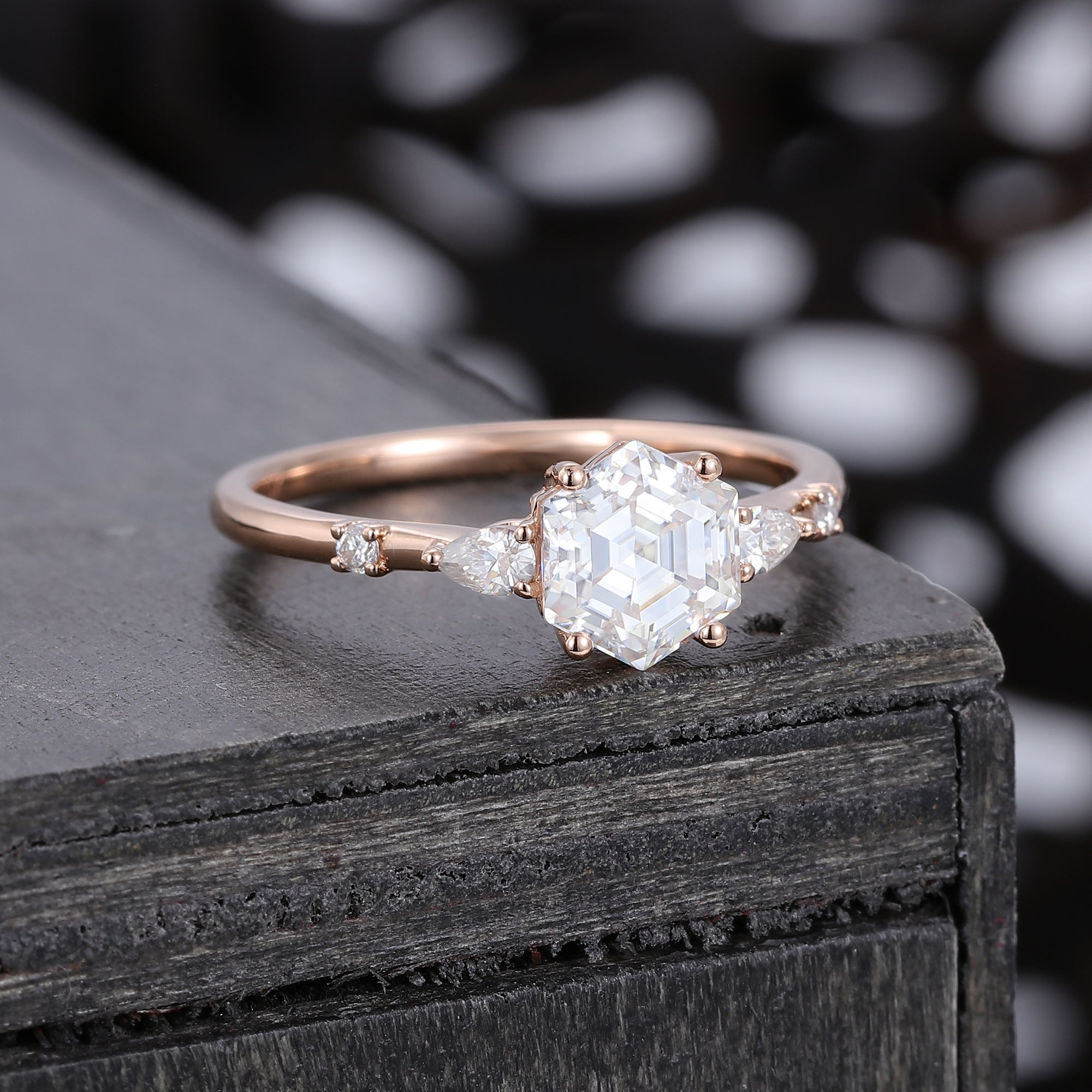 Hexagon Cut Moissanite Rose Gold  Engagement Ring