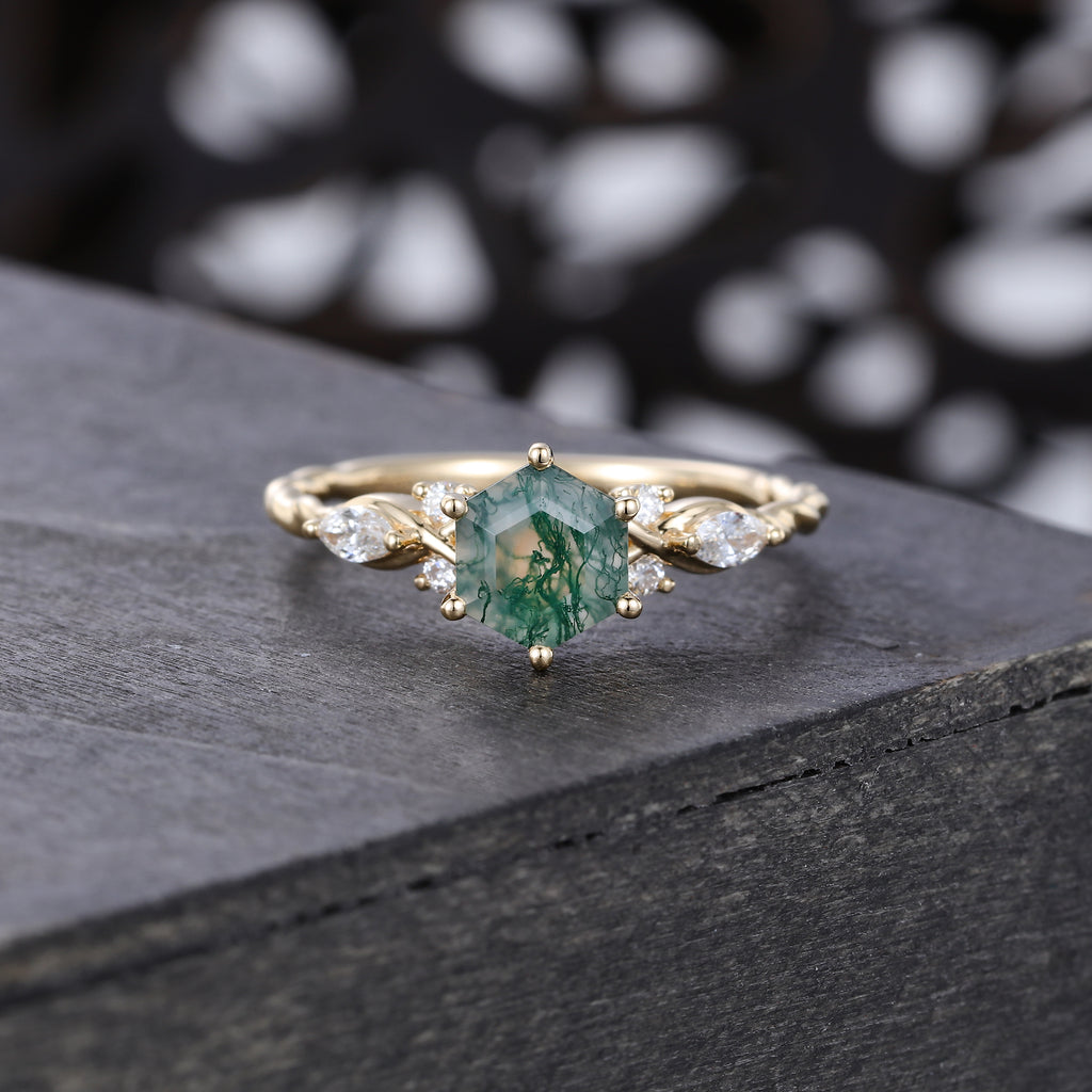 Hexagon Cut Moss Agate Engagement Ring With Moissanite Accents