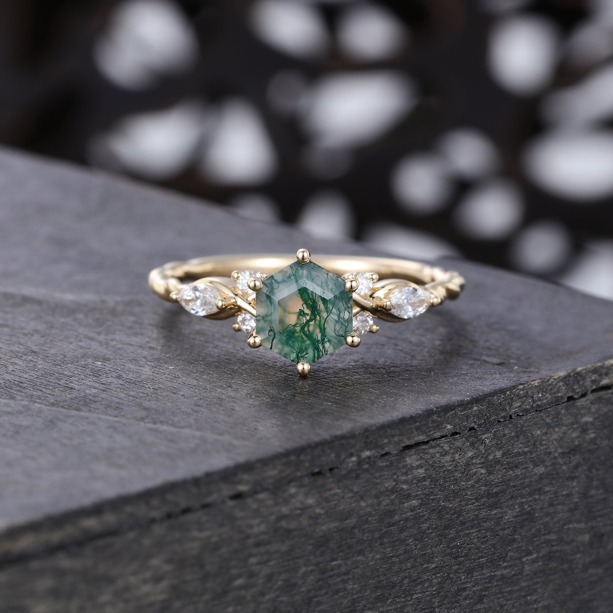 Hexagon Cut Moss Agate Engagement Ring With Moissanite Accents