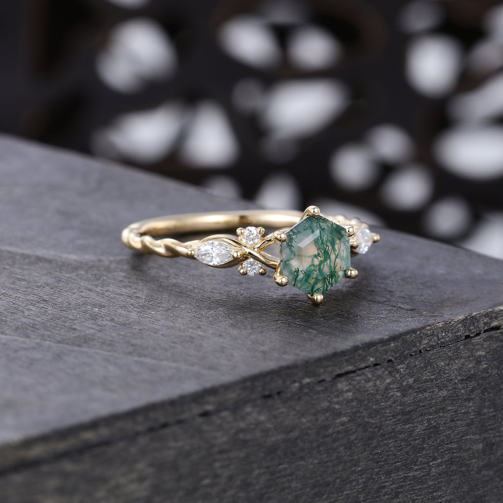 Hexagon Cut Moss Agate Engagement Ring With Moissanite Accents