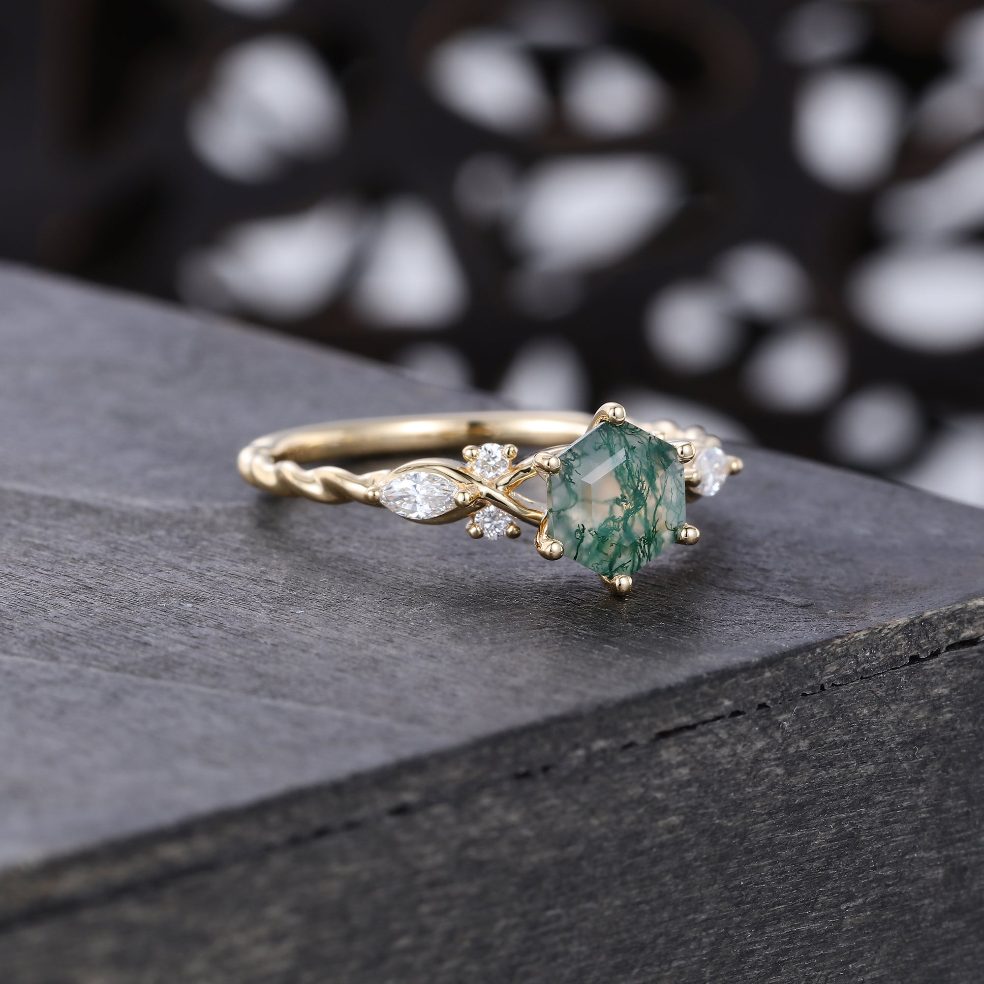 Hexagon Cut Moss Agate Engagement Ring With Moissanite Accents
