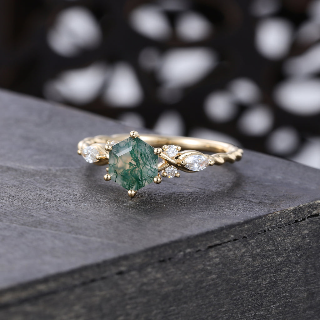 Hexagon Cut Moss Agate Engagement Ring With Moissanite Accents