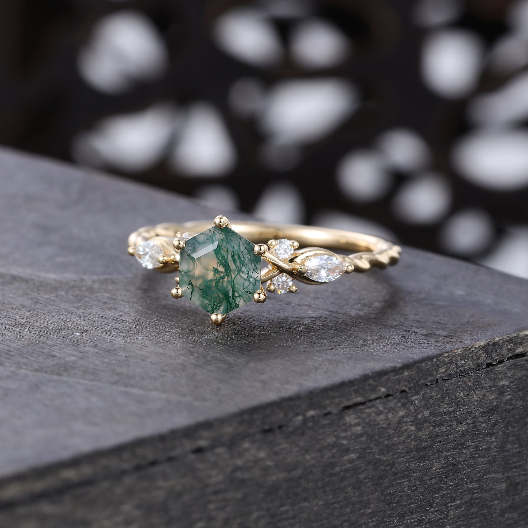 Hexagon Cut Moss Agate Engagement Ring With Moissanite Accents