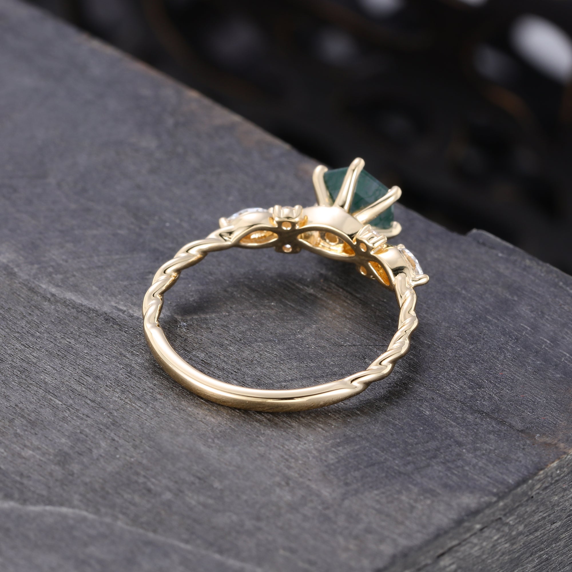 Hexagon Cut Moss Agate Engagement Ring With Moissanite Accents