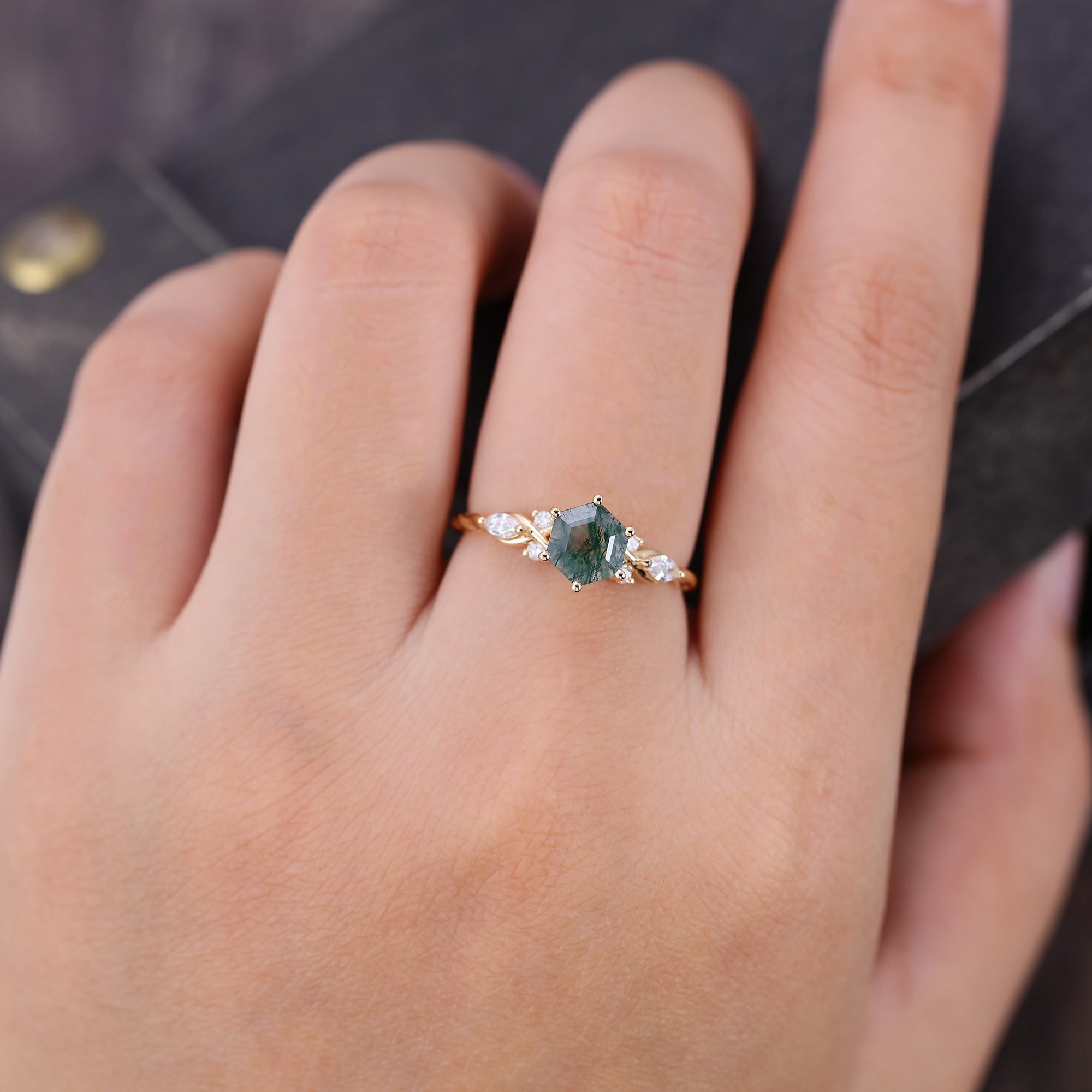 Hexagon Cut Moss Agate Engagement Ring With Moissanite Accents