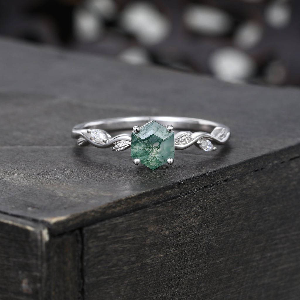 Hexagon Cut Moss Agate Nature Inspired Promise Ring