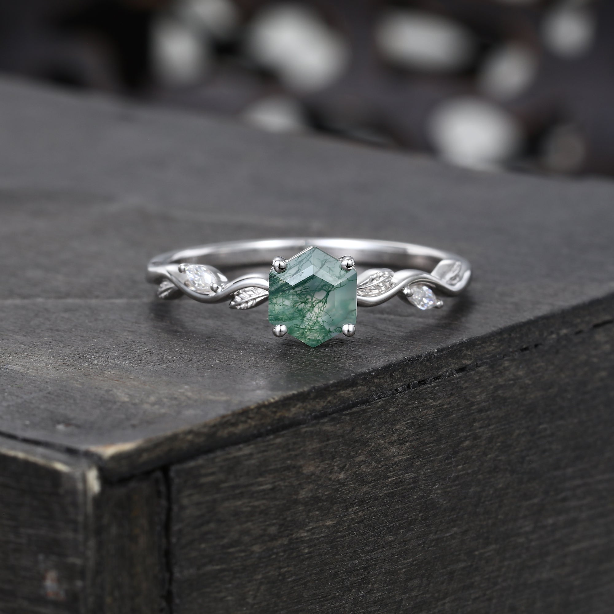 Hexagon Cut Moss Agate Nature Inspired Promise Ring