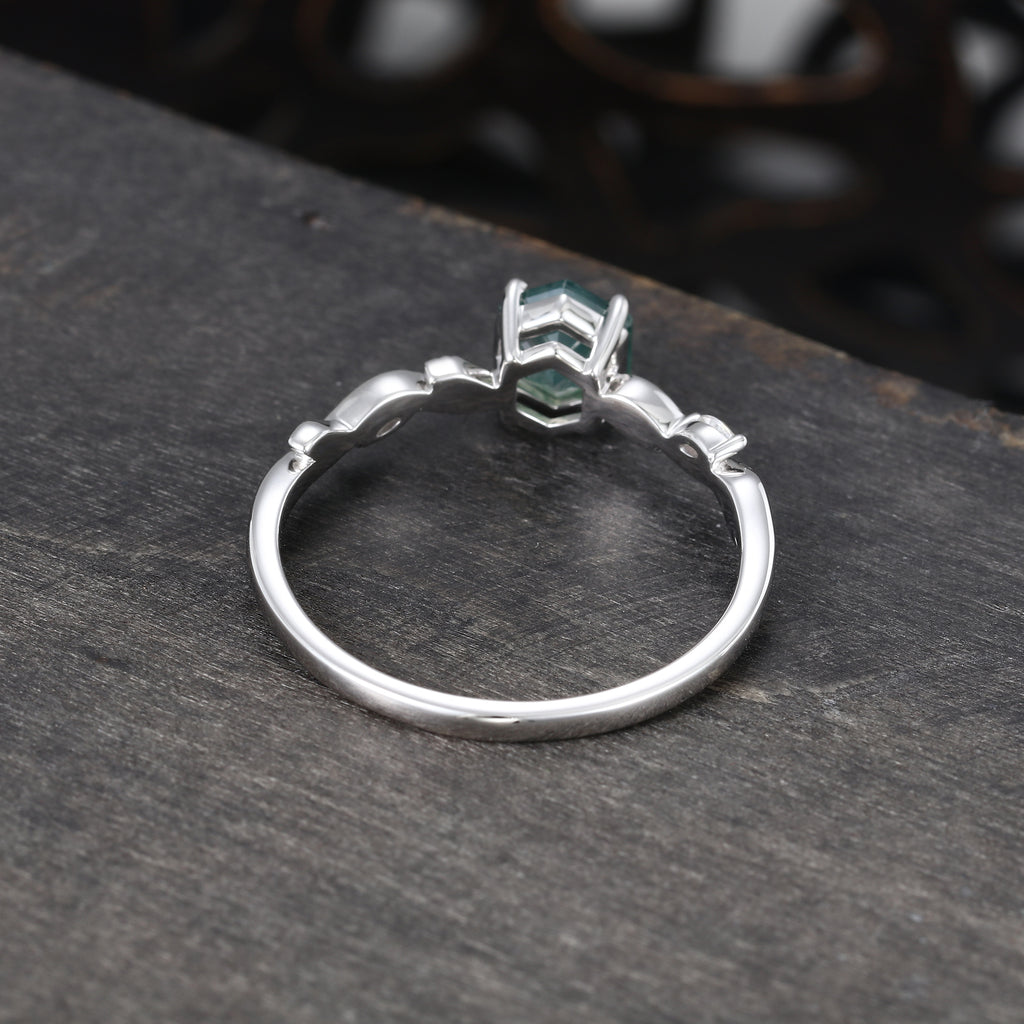 Hexagon Cut Moss Agate Nature Inspired Promise Ring