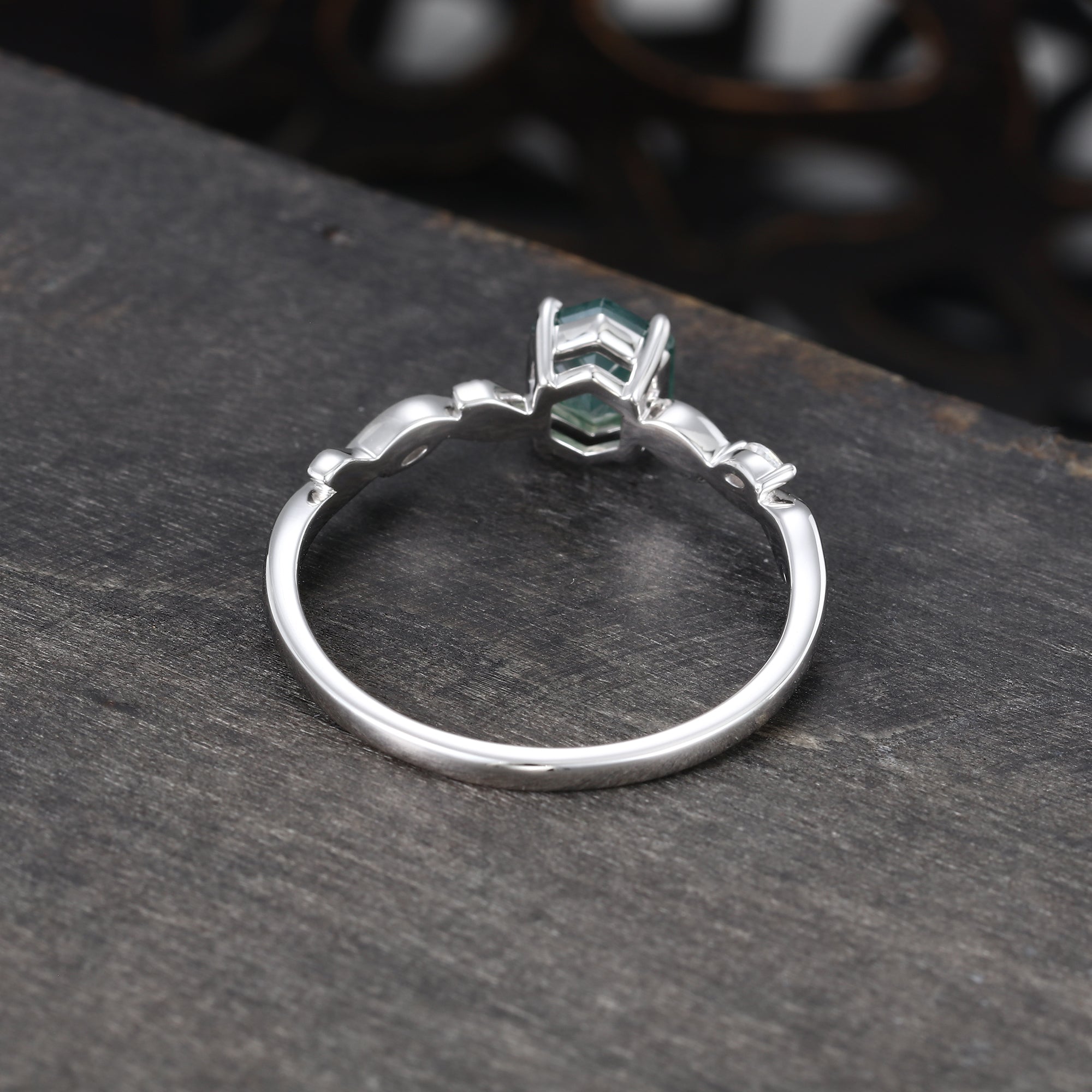 Hexagon Cut Moss Agate Nature Inspired Promise Ring