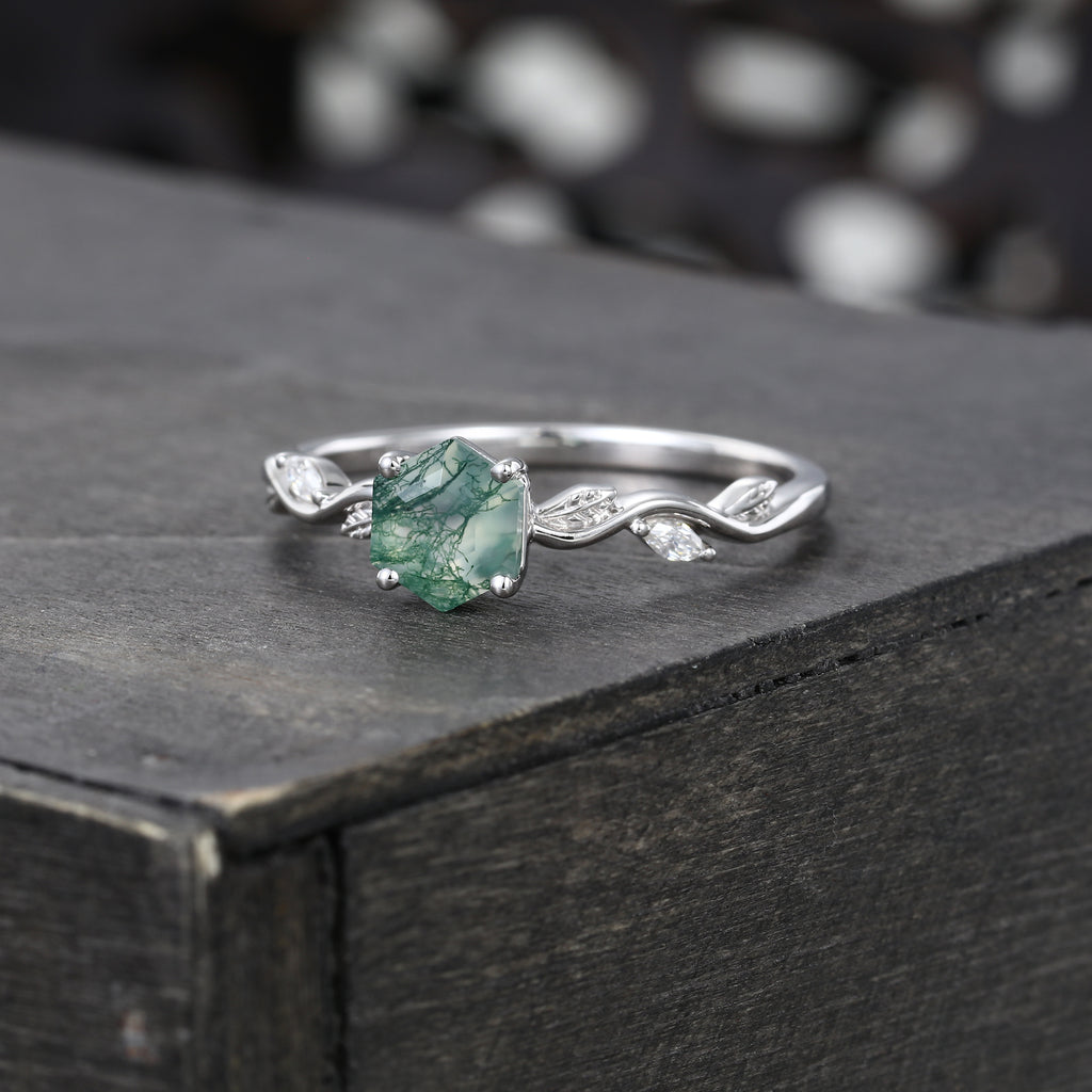 Hexagon Cut Moss Agate Nature Inspired Promise Ring
