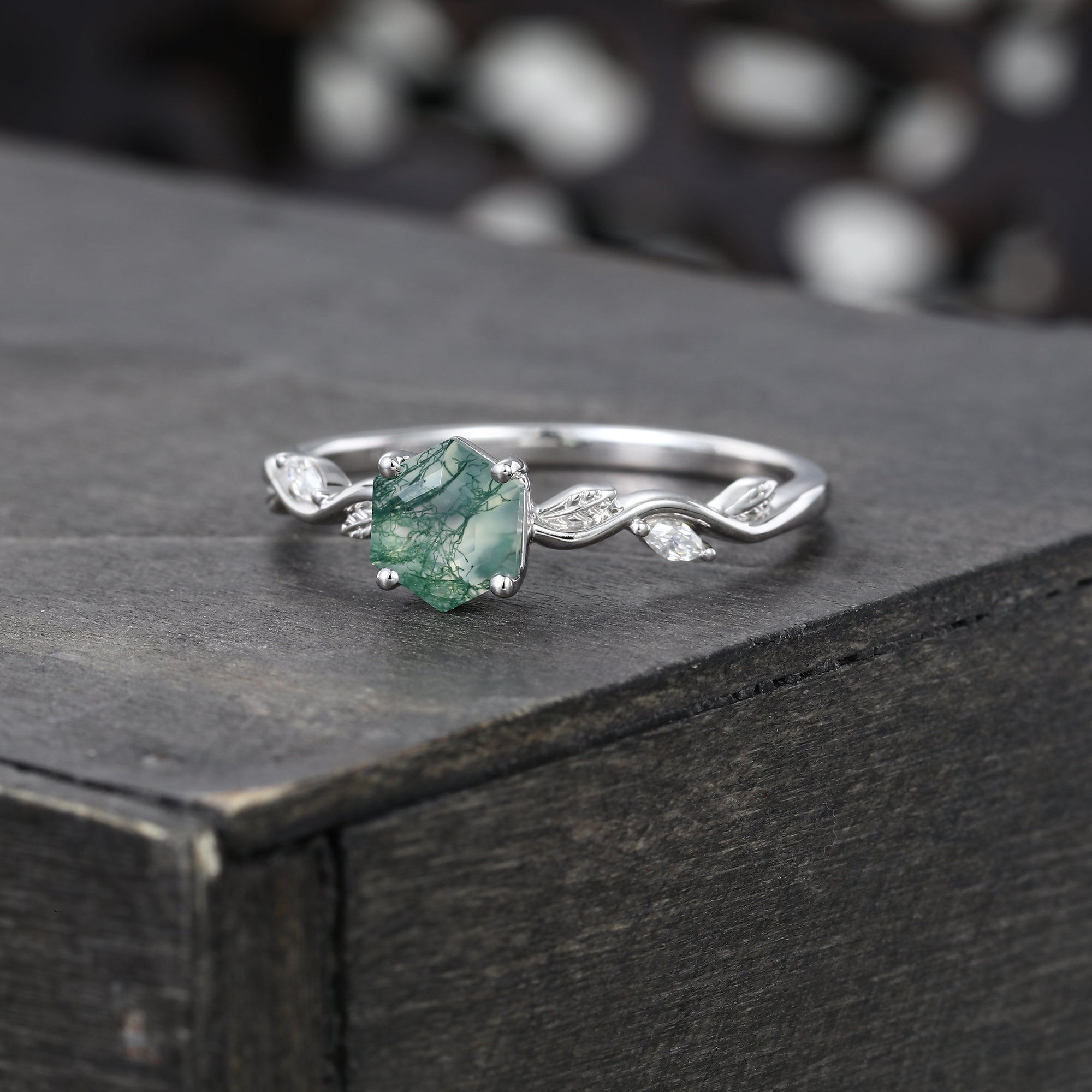Hexagon Cut Moss Agate Nature Inspired Promise Ring