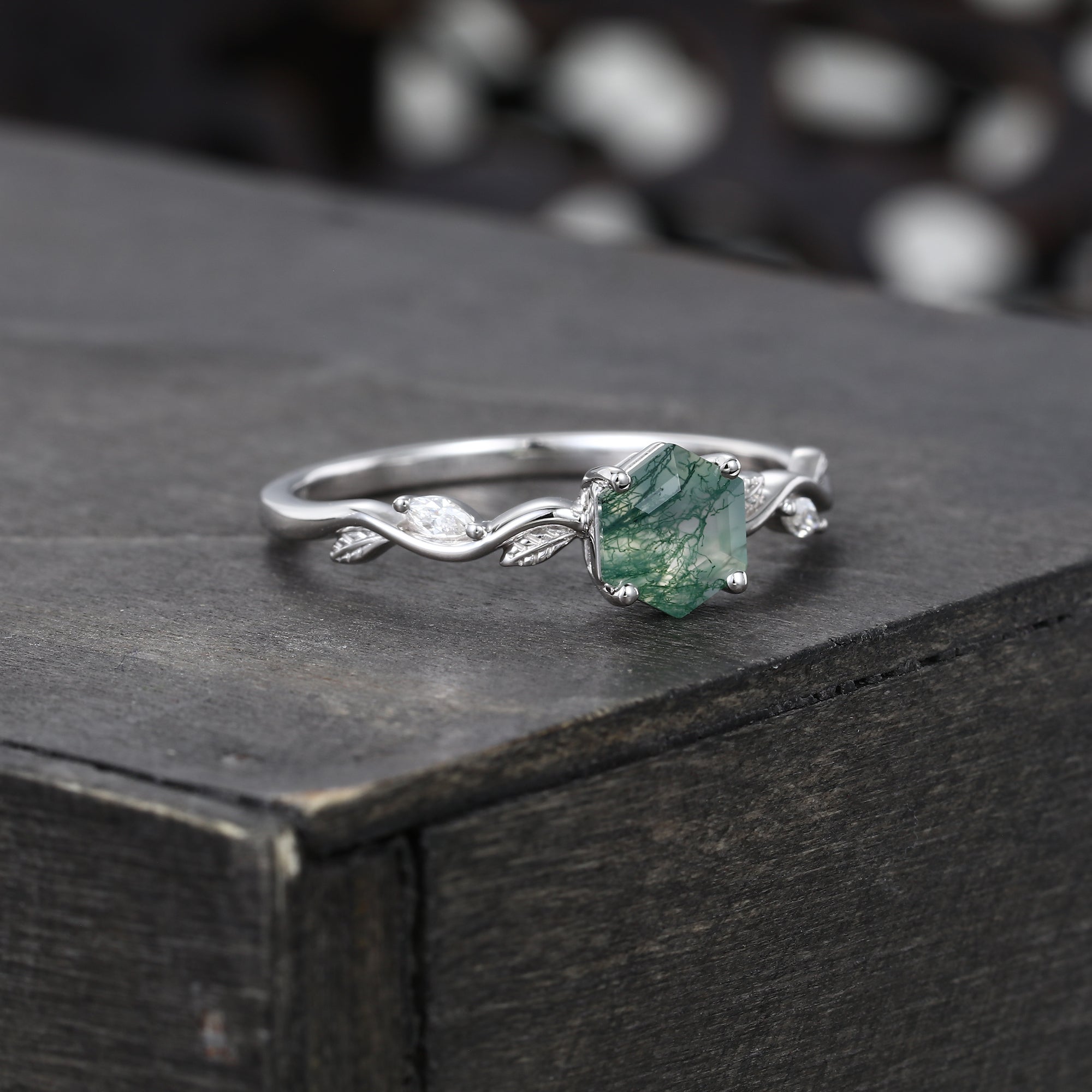 Hexagon Cut Moss Agate Nature Inspired Promise Ring